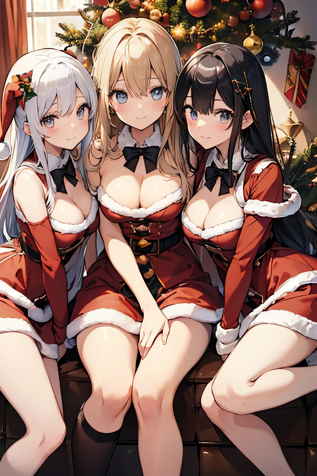 Three high school girls enjoying a Christmas party、A smile、、Sexy costume、sexypose、masutepiece, Best Quality, hight resolution, ​masterpiece、full body Esbian、BREAK(Highest quality illustrations:1.2), (Kawaii Girl:1.1), (3女の子:1.5, )、 BREAK (A dark-haired、Long）、（silber hair、Long）、（a blond。Long）、BREAK ((santa costume:1.2)), a miniskirt、(livingroom),room with christmas decorations, Christmas tree、Christmas cake、(2girl beautiful eyes, Every detail、masterpiece sidelighting、​masterpiece、top-quality、detaileds、High resolution illustration),Delicate Makeup, (a closeup:1.2)、POV、soft focus ground bokeh、Smile, cute little、large full breasts:1.5、ultradetailed eyes:1.2)、(beauty breast)、thin-waist、Very detailed., Convoluted, masutepiece, absurderes、 ((Smooth texture:0.75, Realistic texture:0.5, Anime CG style)),