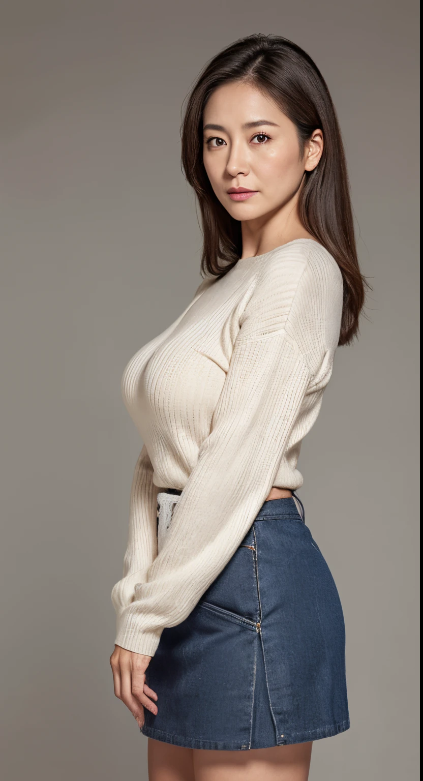 (Original Photography, best quality), (Reality:1.3), (Photo quality:1.2), (Ultra-high resolution:1.0), 8k, RAW photos,Mature movie actress, tight sweater,tight skirt,In the storage room,The picture