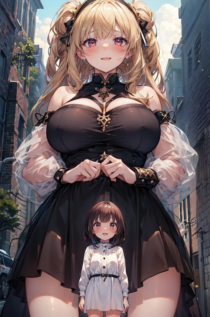 (2girls:1.5), (height_difference:1.5), (size_difference:1.1), (giantess:1.1), a giantess looking down at tiny woman, a giantess hugging a tiny woman, a tiny woman below the breasts of a giantess, (fantasy:1.1), highest quality, 10k quality