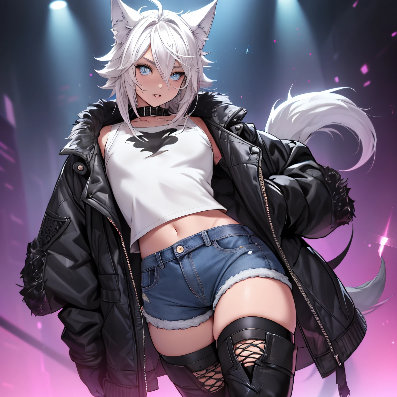 Single boy, Anime Femboy, Short, Long white hair, wolf ears, wolf tail, blue eyes, wearing short denim shorts, thigh high fishnets, black combat boots, wearing fur lined open pink jacket, flat chest, super flat chest, wearing cropped t-shirt, solo femboy, only one femboy ((FLAT CHEST)) solo, alone, (SOLO)(ALONE) thicc thighs, wide hips, blue eyes, perfect eyes, perfect face, pouty lips, happy, curvy, sparkly blue eyes