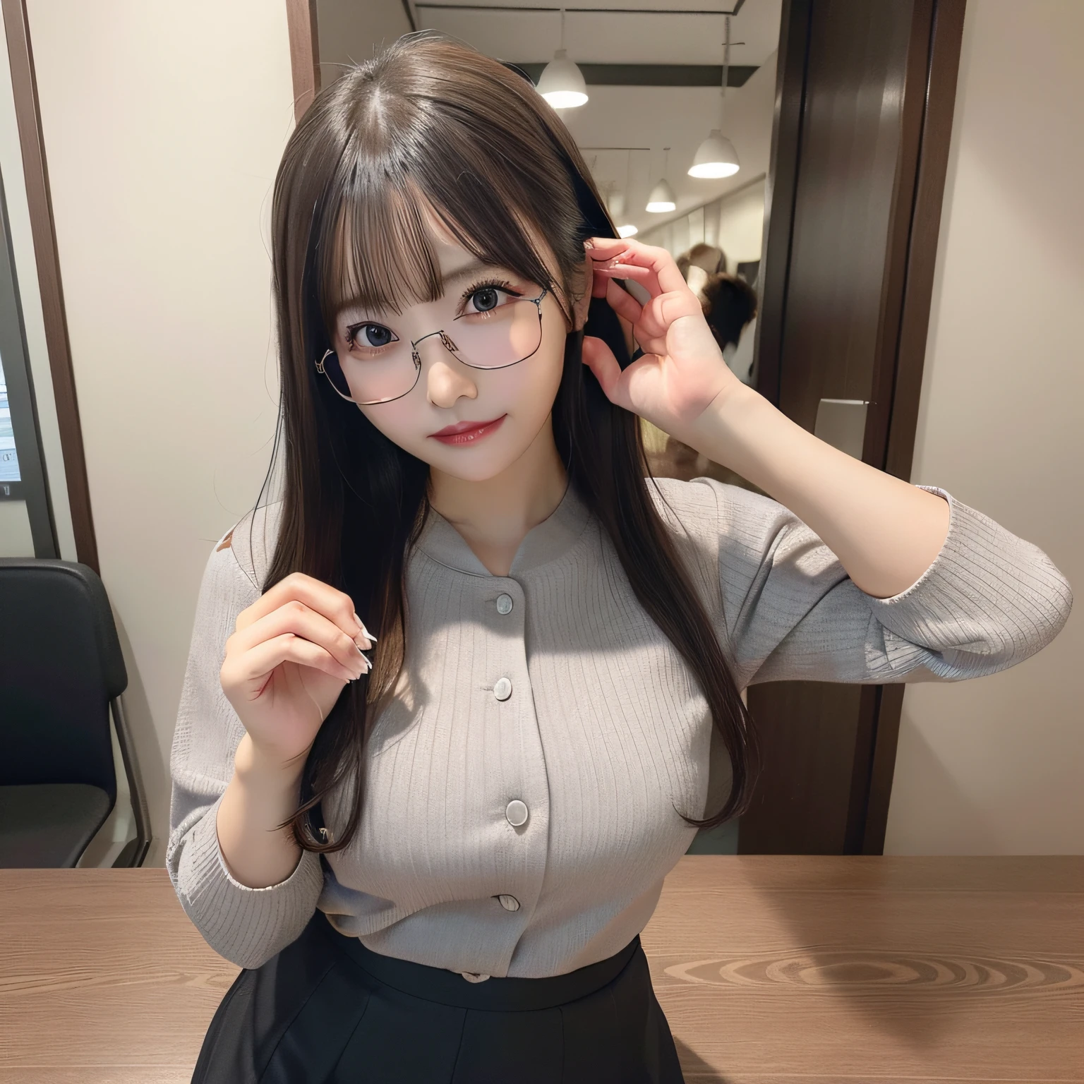 （ultra best quality、in 8K、masuter piece、delicate illustration、full body Esbian）,Beautiful Japanese office lady in her 20s、Plump body、Gray Office Lady Suit（skirt type）、Curly black hair、eye glass、Drink in a tavern、
