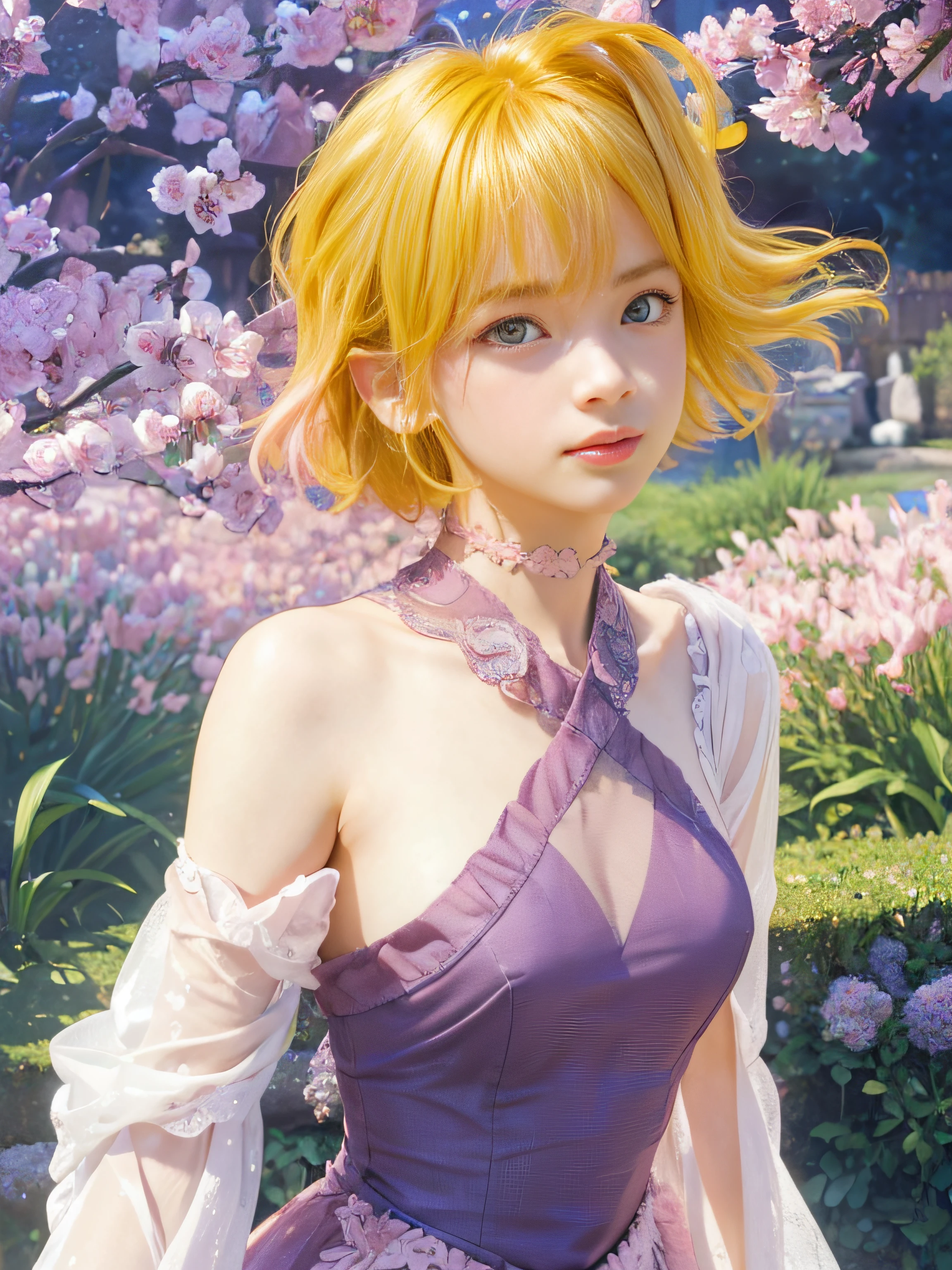 masterpiece, best quality, (realistic,photo-realistic:1.4), (RAW photo:1.2), extremely detailed CG unity 8k wallpaper, delicate and beautiful, amazing,finely detail, official art, absurdres, incredibly absurdres, huge filesize, ultra-detailed,extremely detailed eyes and face,light on face,(little smile),(blonde hair:1.4),(short hair:1.4),(wearing dress:1.5),(nature background:1.4)