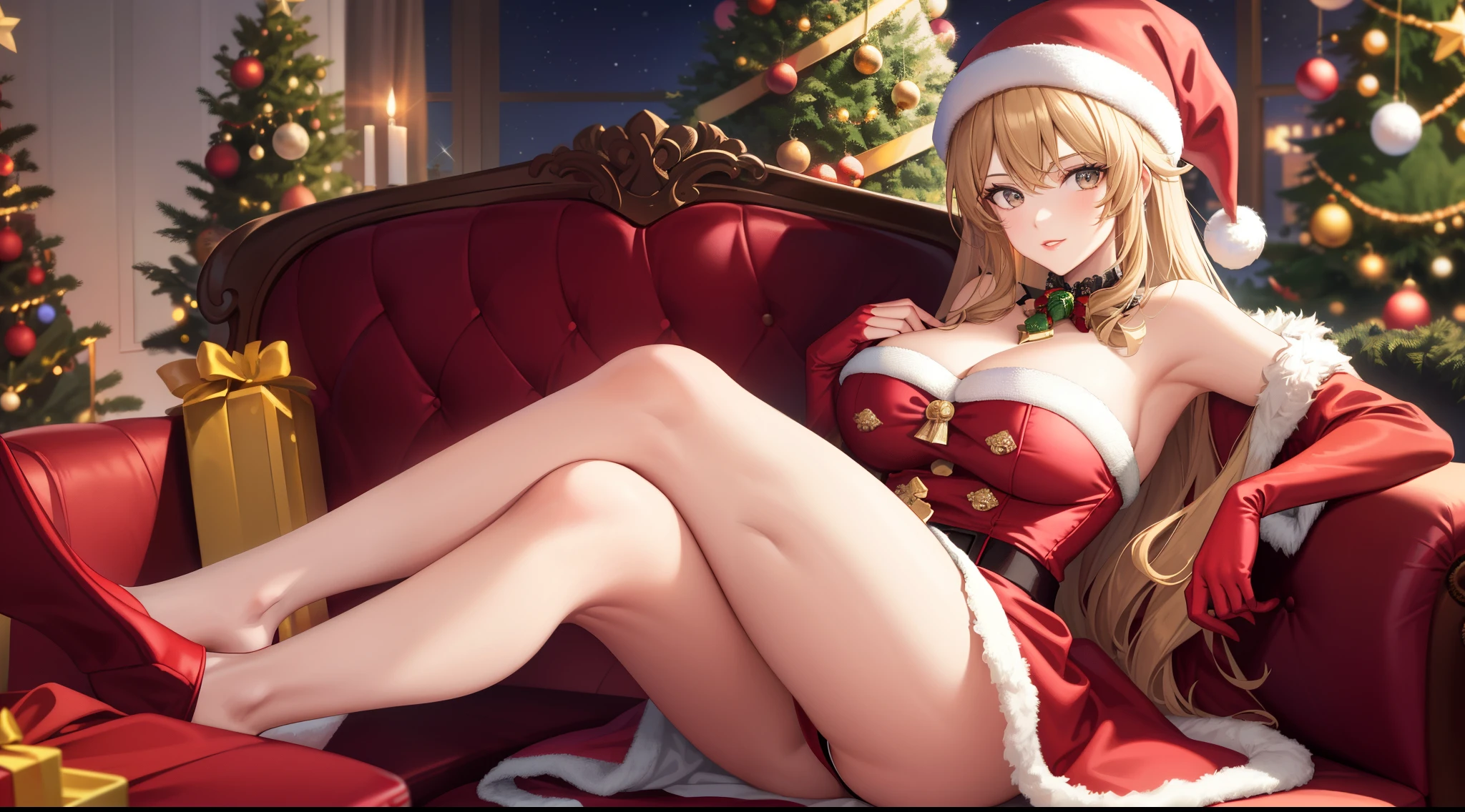 Masterpiece, best quality, 1girl, Navia, santa, santa hat, large breast, bare shoulds, long red gloves, self-open santa costume, sexy legs, bare legs, sitting, santa couch, christmas tree, christmas decoration and lights, gifts, sitting sexy pose, x-cross legs, pink lips, looking at viewer