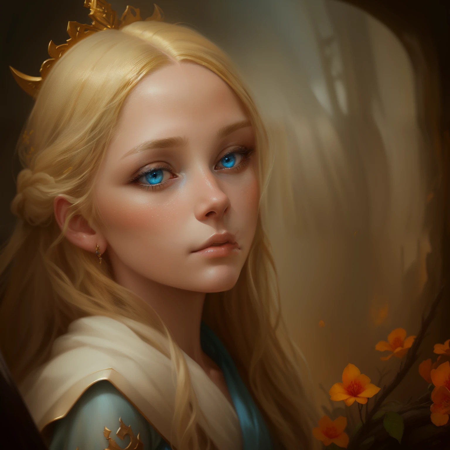 Painting of a woman with long blonde hair and blue eyes, Detailed matte fantasy portrait, beautiful fantasy portrait, beautiful fantasy art portrait, gorgeous digital painting, fantasy art portrait, beautiful digital painting, beautiful digital illustration, fantasy portrait, Detailed beautiful portrait, realistic cute girl painting, beautiful character painting, digital fantasy portrait, in the art style of bowater, beautiful digital artwork