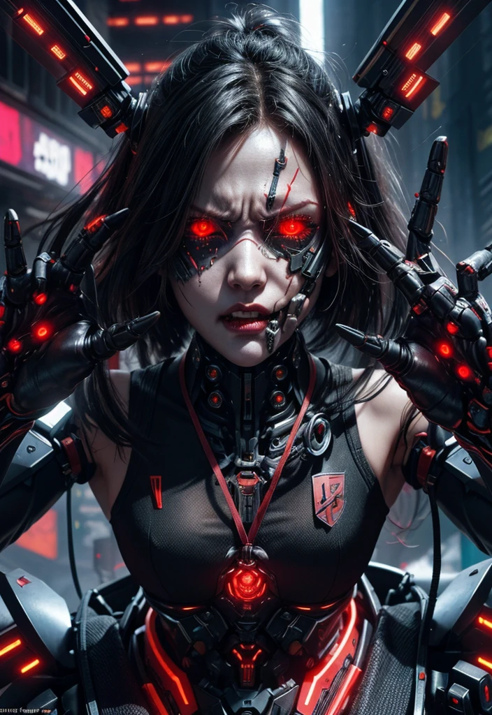 Demon Girl, cyborg with an angry expression, Portrait of a cyberpunk machine, (realistic face details), (Dynamic poses:1.4),