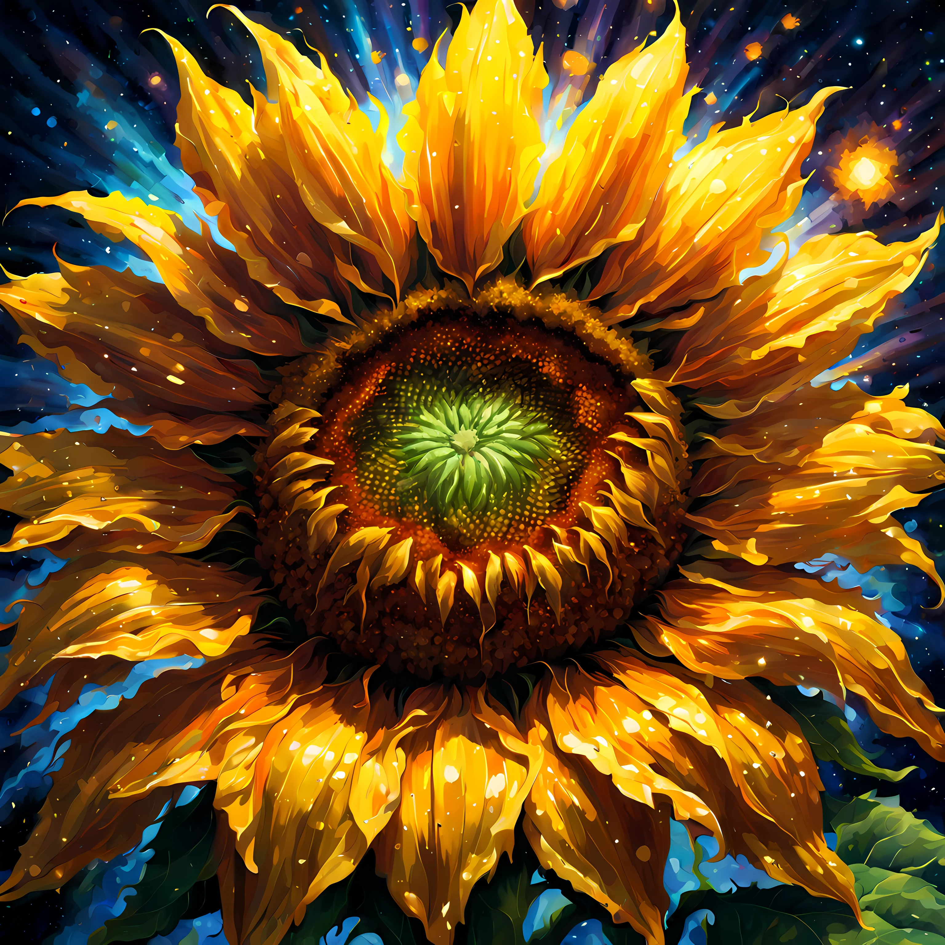 (pixel art:1.3), (close up:1.3), (big) sunflower, ((radiating an ethereal glow)), ((absorbing the cosmic energy)), a sense of awe and wonder, the beauty and power of nature, breathtaking nebula, More Detail