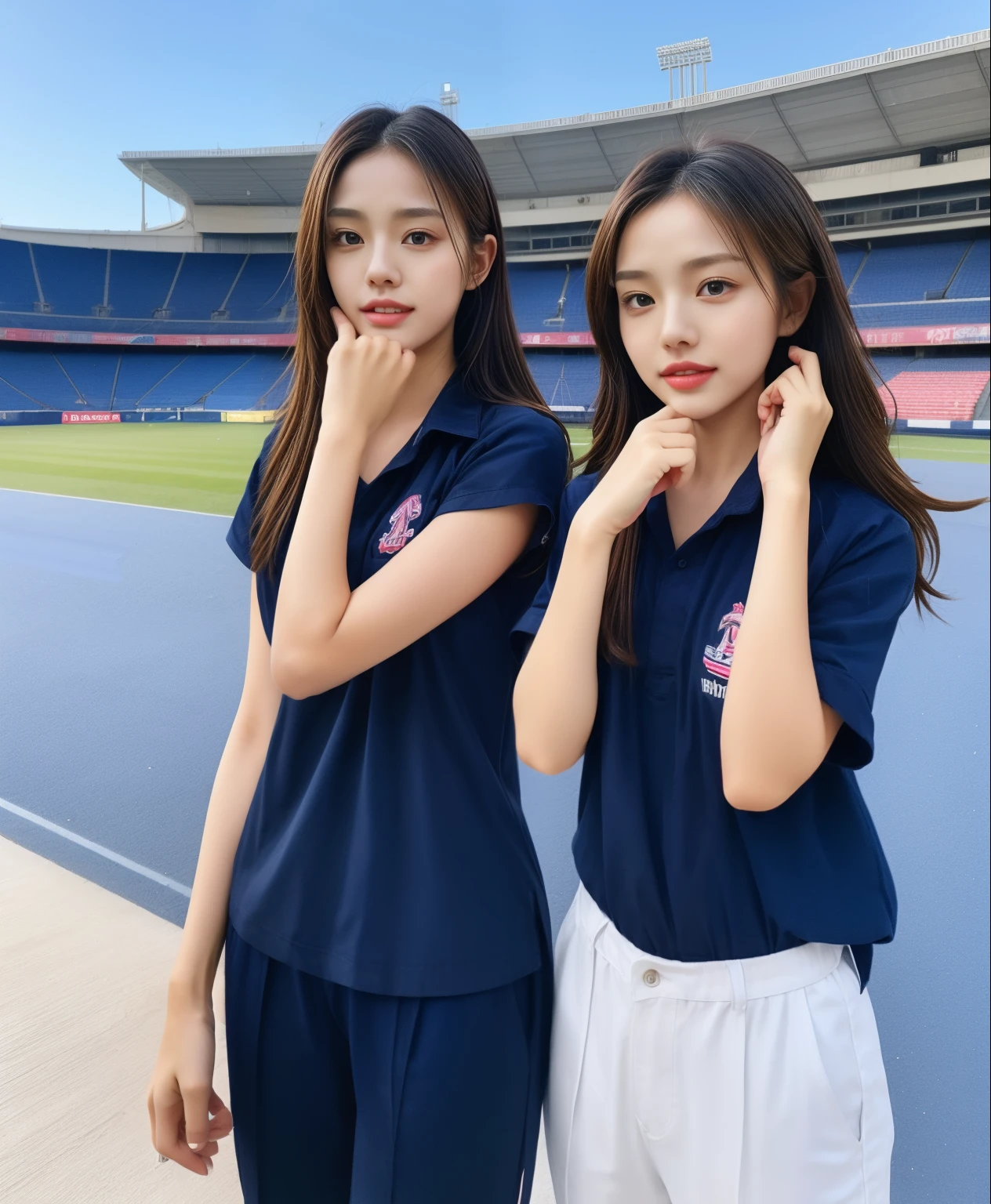 (bestquality,10,10,highres,masterpiece:1.2),ultra-detail,(Realistic,photorealistic portrait,photo-realistic:1.37),1 Cute girl in the football field,oily shiny skin,bara,light smile,BDclothelue shirt:1.3)),short sleeves,shirt, trousers.,(navy_long_Pants Track:1.1), ((Stadium Background:1.3)),dynamic angle,excited,face focus,Dynamic Poses,from behide,Ass Focus,masterpiece, bestquality, ultra realistic, hyper-detail, 8k resolution, RAW photo, crisp focus, ((Navy blue shirt:1.1)), short sleeves, Long Path, Perfect body, 2 mature women, 18yo, cinematic light,Blue sweatpants,Gymware,Correct anatomy,Complete body, Correct body, sharp face, Anatomically correct body, full entire body, Realistic gestures, long-haired, Realistic poses,Wear long shorts...................................,Long leg span,Shapely,Sculpting Girl, Slender Figure, mannequin mannequins, Shapely, Beautiful body,Blue sweatpants, Two girls kissing