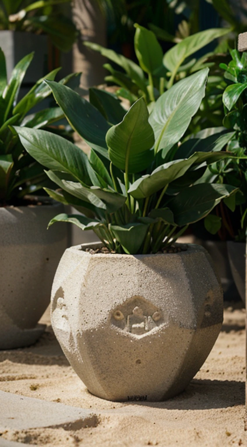 Flowerpot Pentagon - a beautiful pot made of sand and cement for plants., has the shape of a pentagon. Stylish flowerpot “Pentagon” is an ideal choice for the office and home.. Size range from S to L suitable for all types of plants.. Drainage hole and soft bottom provide gentle care and surface protection.. It attracts attention with its unusual shape and is able to highlight the beauty of any plant....., 80 mm, f/1.8, sharpness, bokeh, Depth of field