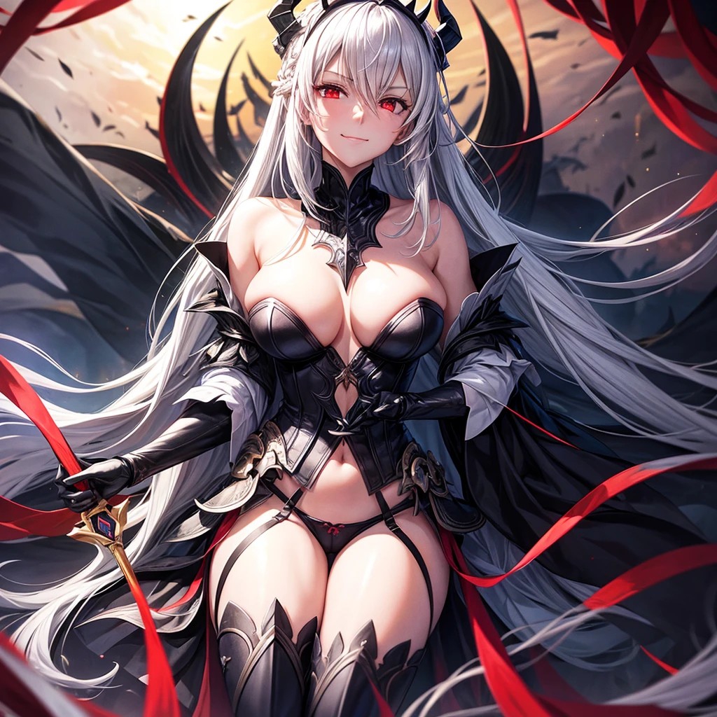 Artoria alter, demon horns, long braided silver hair, Excalibur Morgan, small breast,kind smile, glowing red eyes