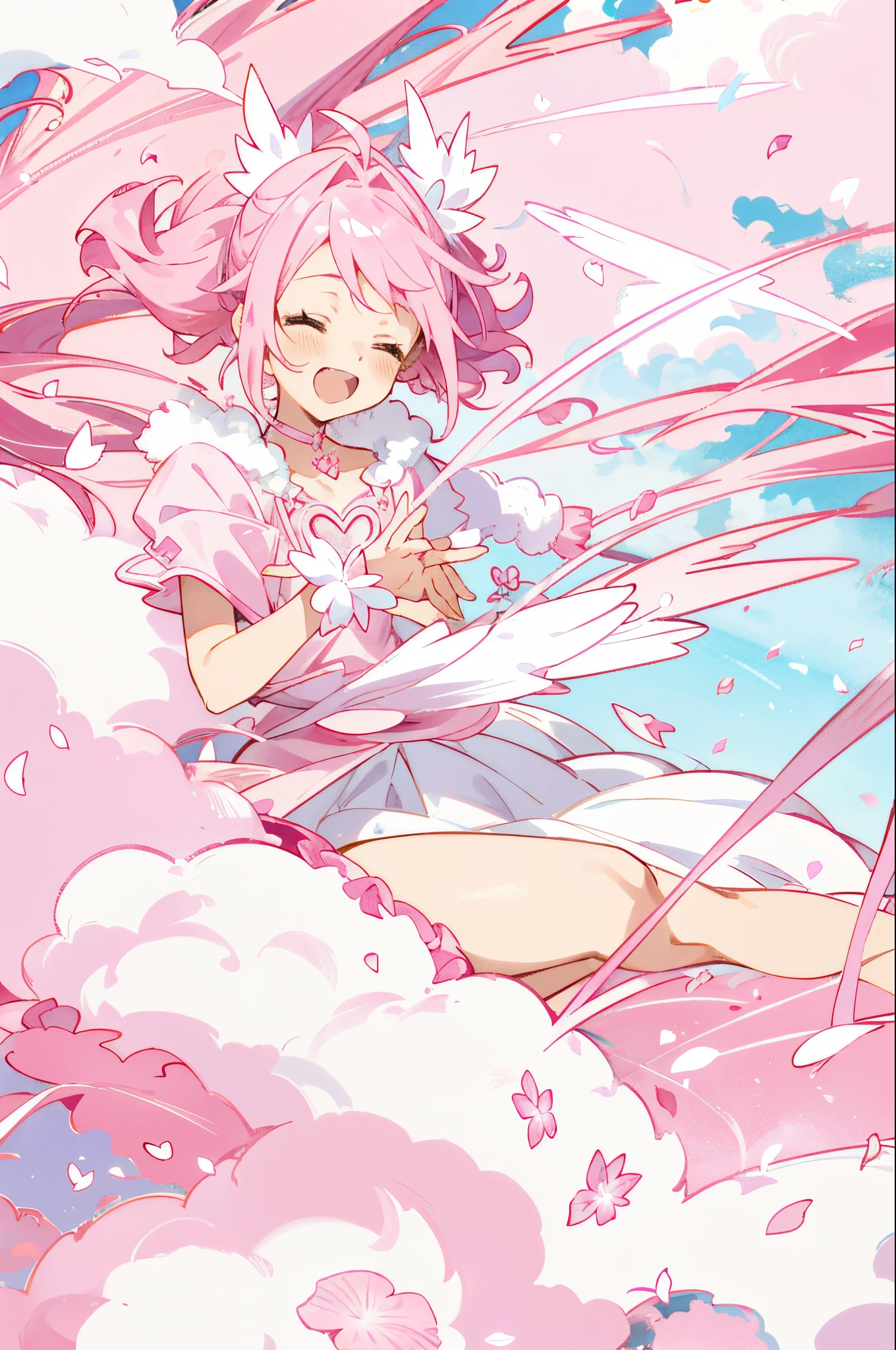 Pink Magical Girl，Petals flutter，A pink-haired，Twin-tailed，magia，lots of pink flowers，pink magic wand，Pink ribbon on the chest，Fluffy mini skirt，flying though the air，Vigorous，Open your mouth wide，a smile