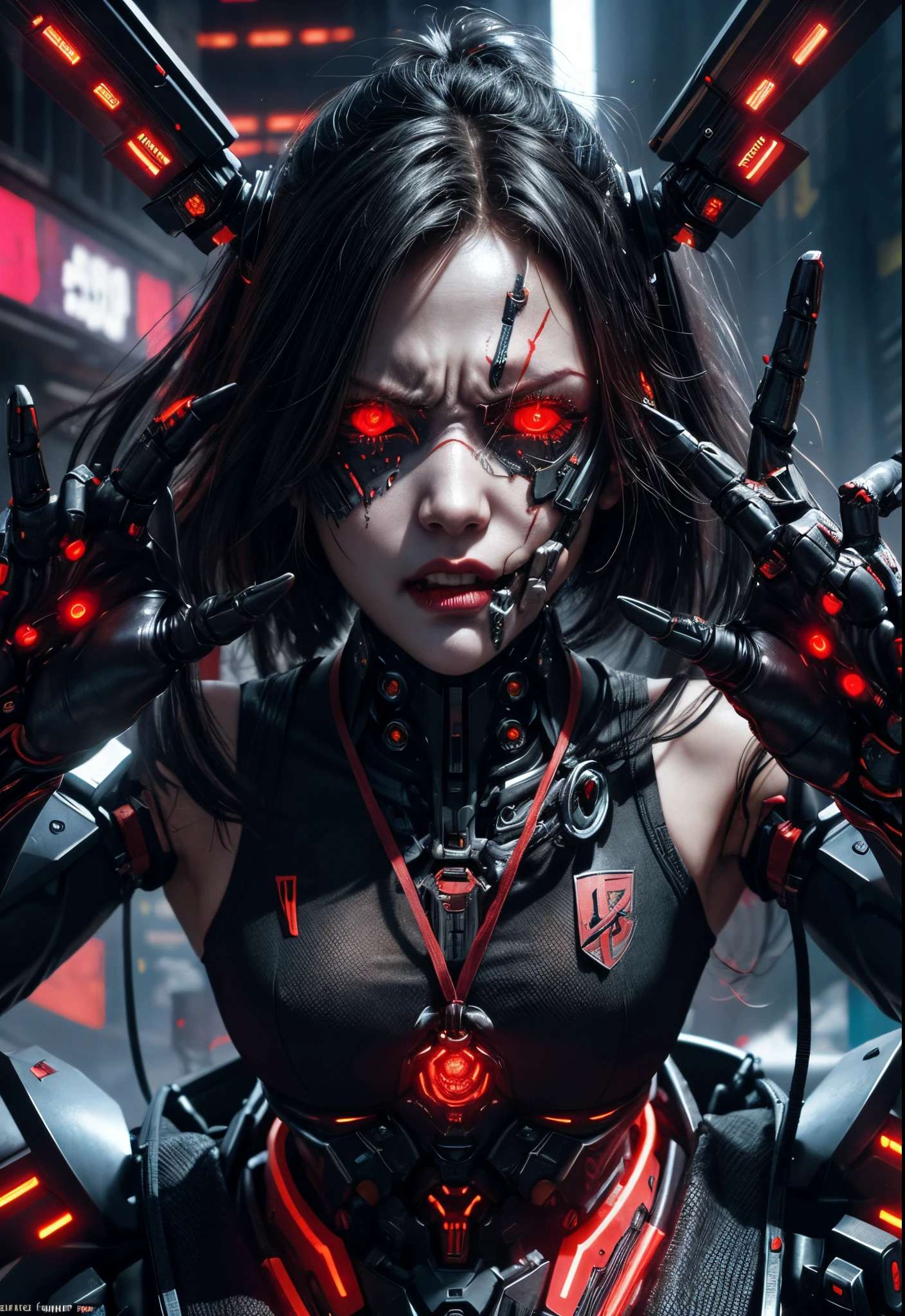 Demon Girl, cyborg with an angry expression, Portrait of a cyberpunk machine, (realistic face details), (Dynamic poses:1.4),
