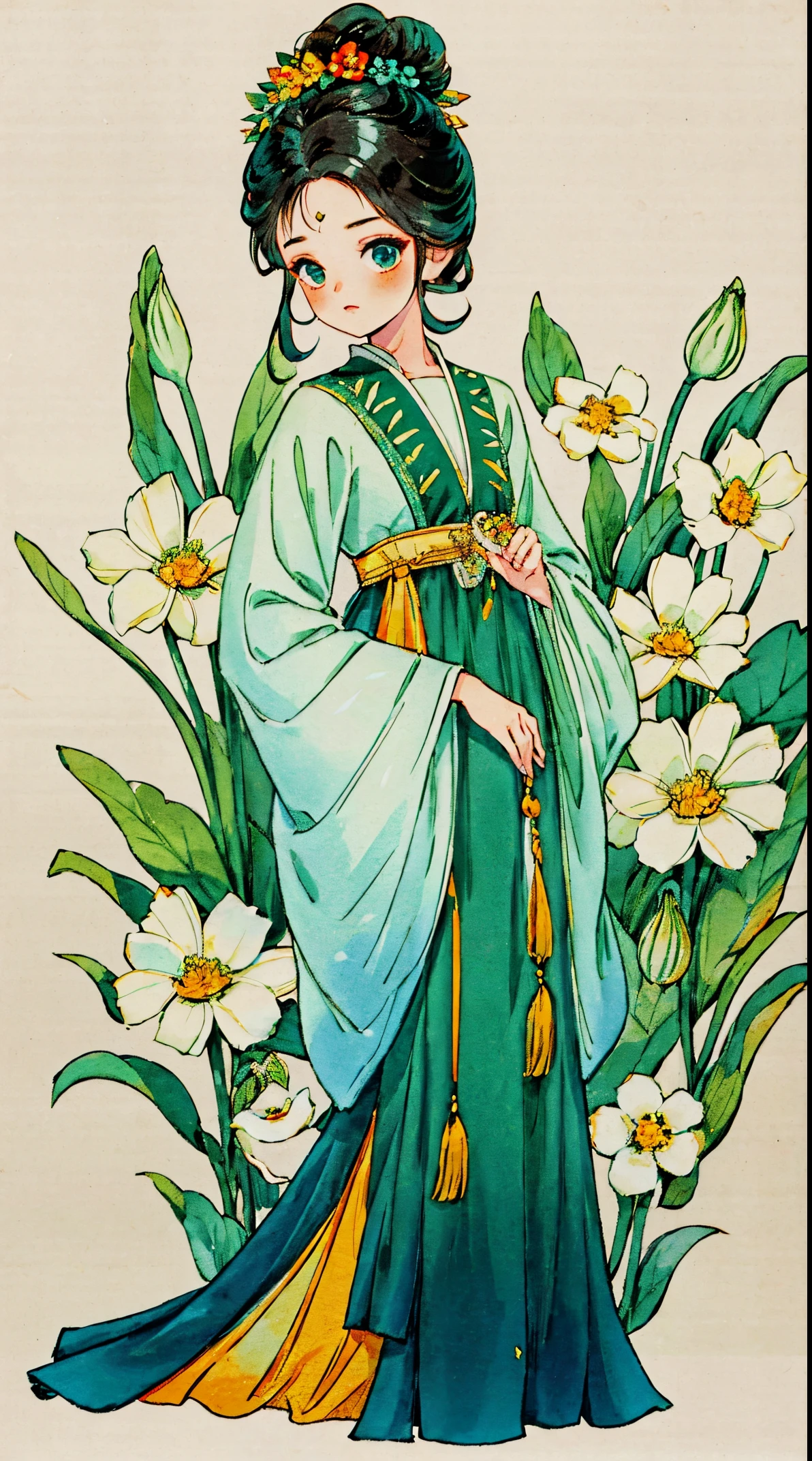 1 Sister, Alone, looking at viewert, face flushed, Background with, black hair color hair, hair adornments, longer sleeves, white backgrounid, Eternal, Full body lesbian, Green set, , flowers blooming, hairflower, hair-bun, butterflys, tmasterpiece, recent quality, The finest details, Clear facial features, beautidful eyes