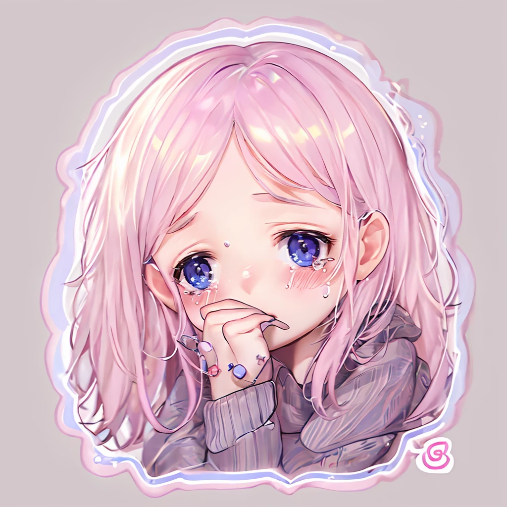 (a sticker), 1 crying girl, 清晰的线条, clean backdrop, white backgrounid