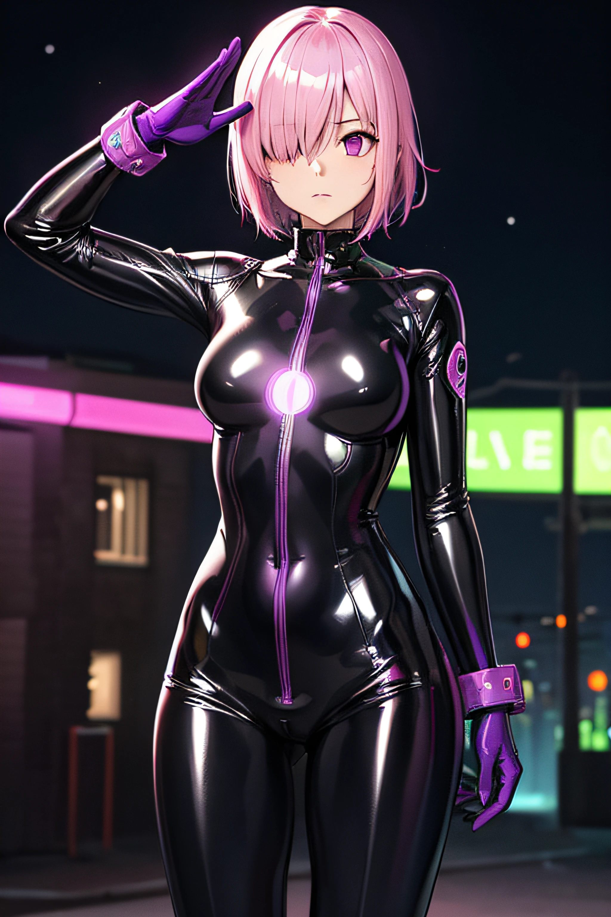 {1girl in},{{{{{masutepiece++, Best Quality++, Ultra-detailed+, 超A high resolution,(Photorealistic:1.4)Cowboy Shot,Mash Kyrielight, (Fate)Raw photo,(Mash Kyrielight)+,(Mash Kyrielight)+,(Mash Kyrielight, (Fate),Pink hair,Short hair,Purple eyes,Hair over one eye ,((Girl in black latex full body suit 1.4)),very aesthetic, Best Quality, absurderes, 1girl in, Brainwashed,}}}} ((purple glowing eyes 1.2)), (huge-breasted:1)The shape of  is clearly visible、(The shape of the pubic area is clearly visible))deadpan, laboratory, Darkness Room, (Neon light:1.2), (Night:1.5), stand up and salute