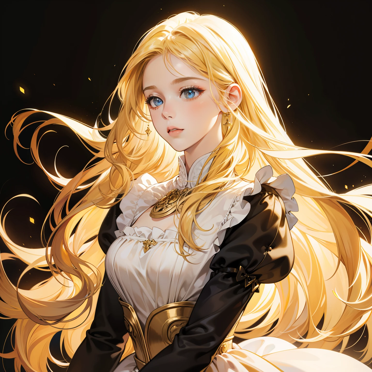 Masterpiece, high quality, best quality, HD, realistic, perfect lighting, detailed body, 1 woman, perfect eyes, long hair, light yellow Hair, cute expression, glowing, manhwa dress, gold and black background.