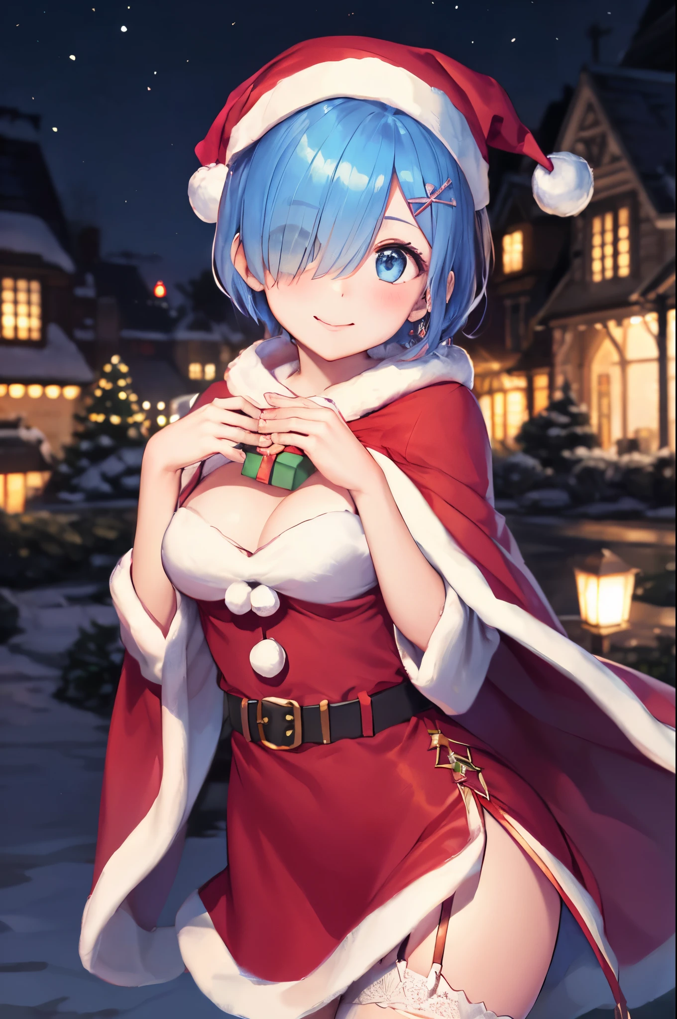 ​masterpiece, top-quality, ultra-detailliert, illustratio, Film composition, rem rezero、(beauitful face:1.25), short blue hair、blue eyess、Hair above one eye、hair adornments、Pink Hair Ribbon, (Red Santa Dresses:1.3), (red cape:1.1), Ultra-realistic 8K CG、Picture-perfect face, colourfull, sharp:1.3, 1girl in, rudder:Staynight\), Medium chest, blue hairs, shorth hair, (Hair above one eye:1.3), Eyes_Visible_through_hair, white thighhig, garter strap, is standing, The upper part of the body, plein air, mansion, Winters, garden, florals, (Night background:1.3), The tree, Grassy, Soto, (8K:1.1), (Have a gift:1.3), illuminations, Christmas atmosphere