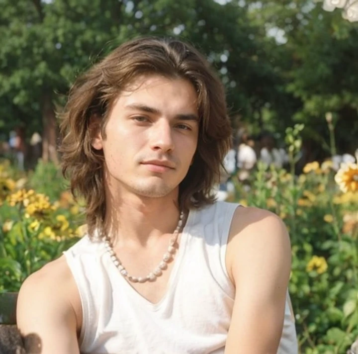 26 years old man sitting on a bench, early 1970's