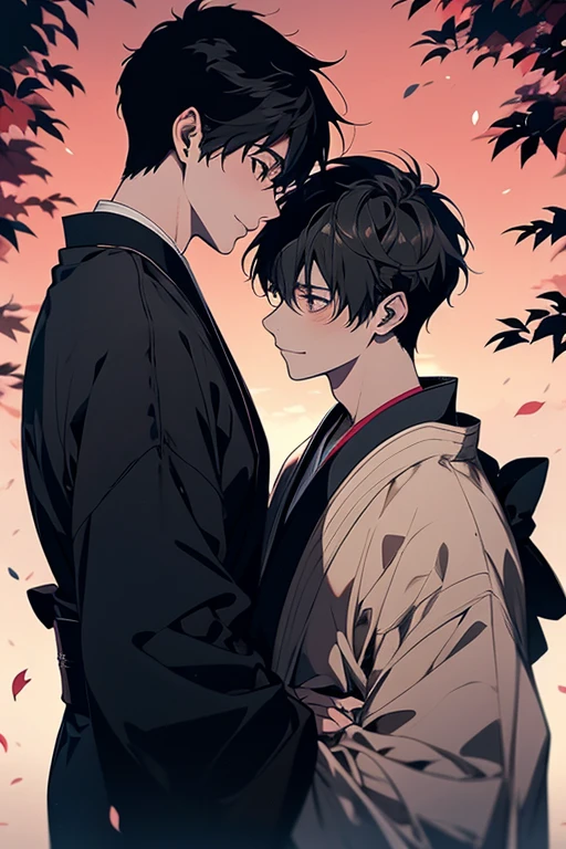 Unparalleled beauty,face perfect、Perfect Eye Makoto Shinkai、 (2man),Gay Male Relationships, 20 years old male,Colored leaves,kimono、knifes、stare at each other、Smiling,looking at another,
