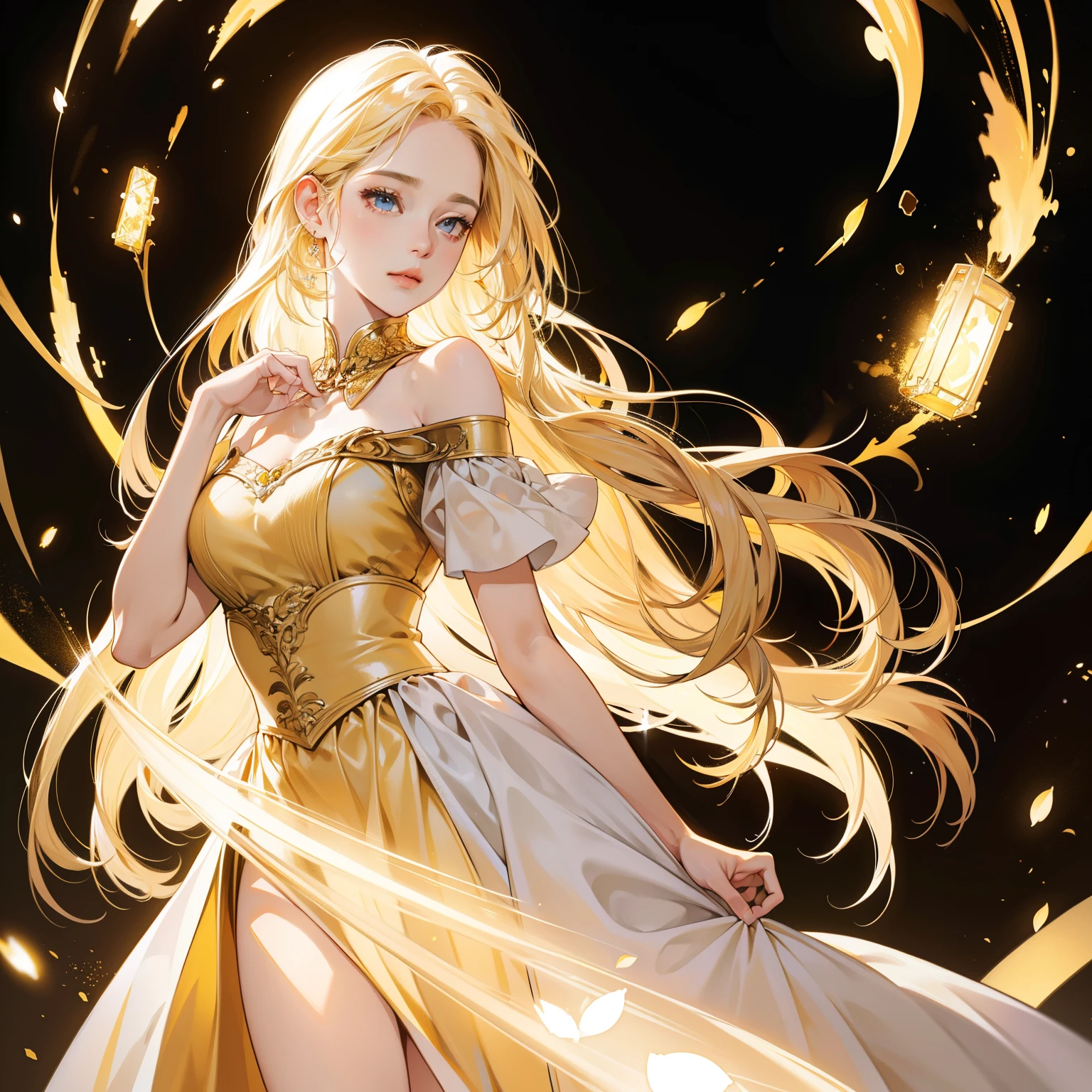 Masterpiece, high quality, best quality, HD, realistic, perfect lighting, detailed body, 1 woman, perfect eyes, long hair, light yellow Hair, cute expression, glowing, manhwa dress, black and gold background.