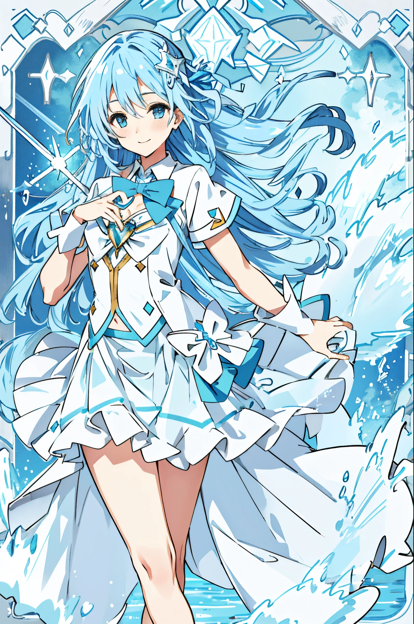 Light Blue Magical Girl，splash water，light blue long-haired，magia，Eau，light blue magic stick，Light blue ribbon at chest.，Fluffy skirt，flying though the air，a smile