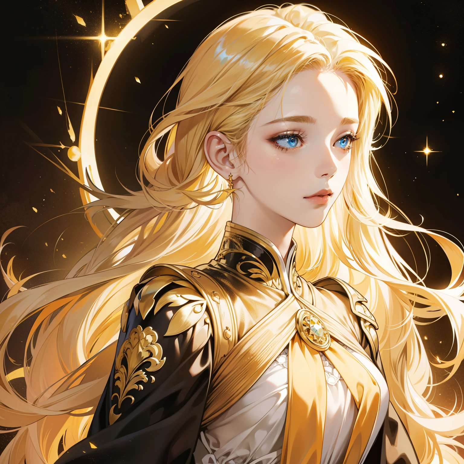 Masterpiece, high quality, best quality, HD, realistic, perfect lighting, detailed body, 1 woman, perfect eyes, long hair, light yellow Hair, cute expression, glowing, manhwa dress, black and gold background.