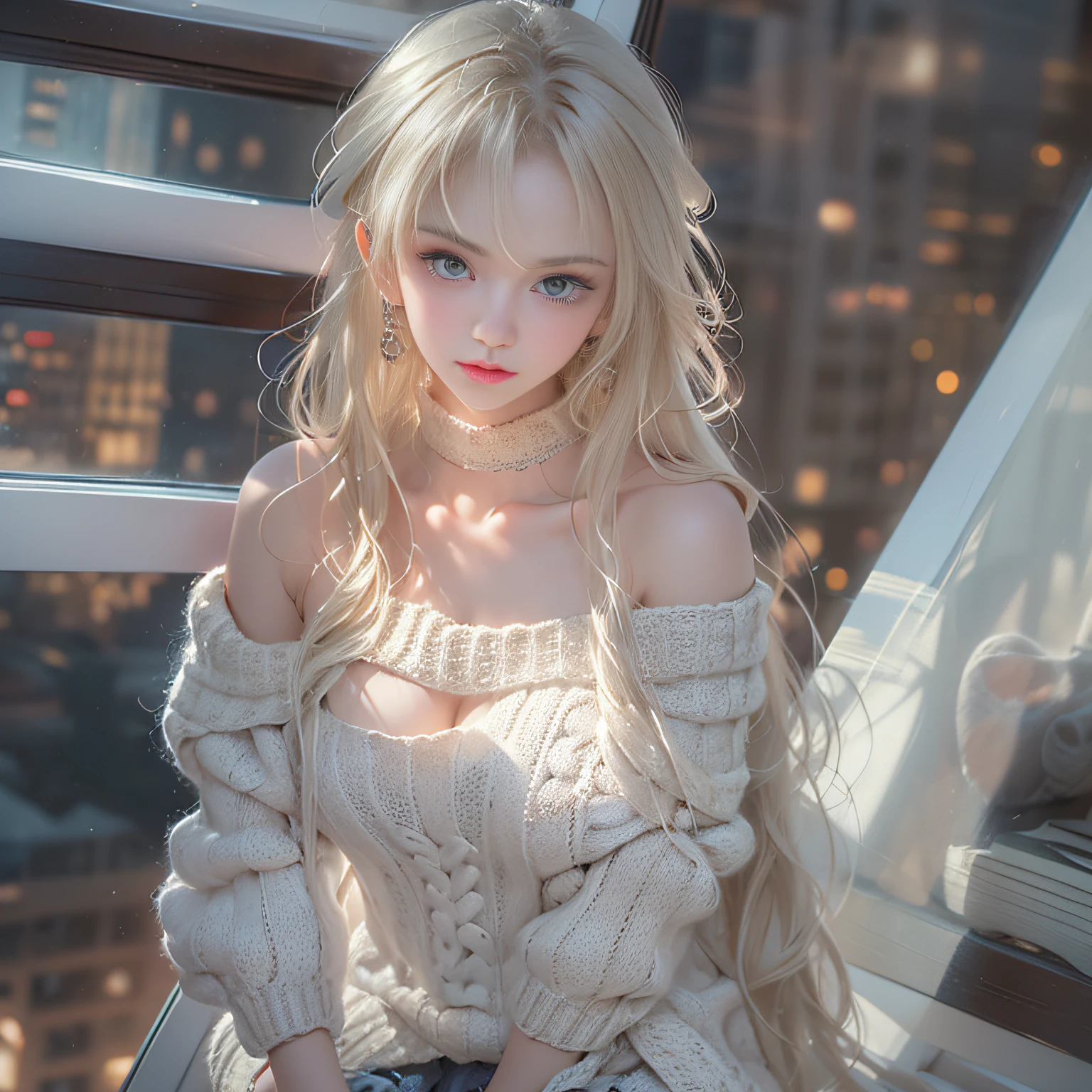 ((girl standing on the stairs in the office)),bright expression、Young shiny shiny white shiny skin、Best Look Rondo Reflective Light、Platinum blonde hair with dazzling highlights、shiny light hair,、Super long silky straight hair、Beautiful bangs that shine、Glowing crystal clear attractive big blue eyes、Very beautiful nice cute 16 year old girl、Lush bust,Beautiful detailed eyes, beautiful detailed nose,(( Full Body Angle:1.5)),Makeup that the eyes emphasize、Royal style,Comic style, , Sub-surface scattering, ornate detail, nature backdrop, Supergianthugebreasts, ((Cinematic)), Dramatic Lighting, masutepiece、((Off-the-shoulder white hand-knitted sweater:1.4))、((Black Leather Mini Skirt)), ((Black Leather High Heel Boots))、(White lace panties are visible)、1 girl in、Ultra realistic 8K CG, Picture-perfect face, flawless, clean, masutepiece, Professional artwork, famousartwork, Perfect face, Beautiful face, Beautiful eyes, ((Perfect female body)), Solo,(Immersive atmosphere, Chiaroscuro:1.5,Bright light:1.2,Luminous lighting),(blush:0.5),fascinated expression,Extremely detailed_Eyes,thick thighs,Large,beautifullydetailedbackground,depth of fields,Realistic:1.3, , (ambient lights:1.3),(Cinematic composition:1.3),(Neon light:0.1),(nffsw:0.1),((Outside the window, Hazy skyscrapers))