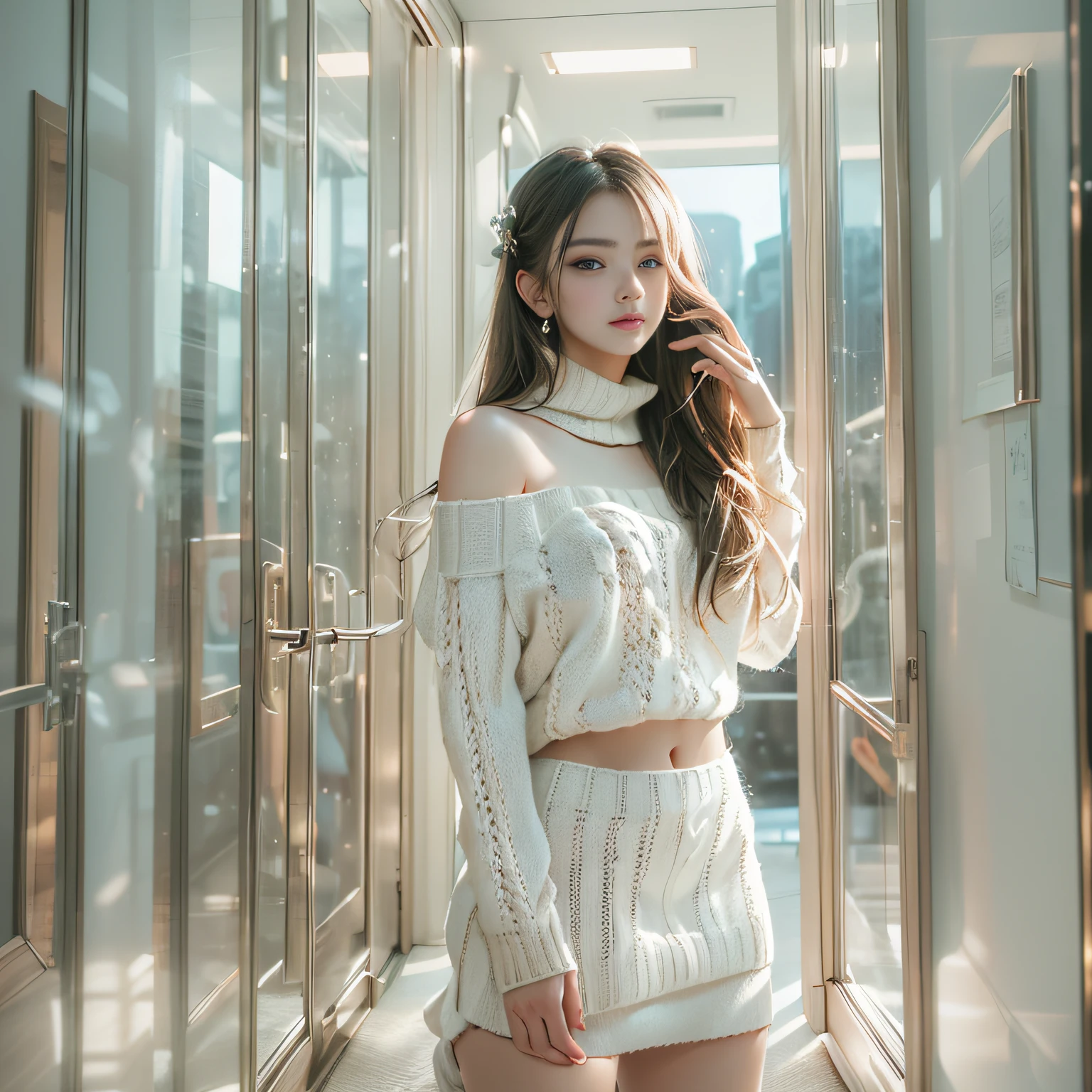 ((girl standing on the stairs in the office)),bright expression、Young shiny shiny white shiny skin、Best Look Rondo Reflective Light、Platinum blonde hair with dazzling highlights、shiny light hair,、Super long silky straight hair、Beautiful bangs that shine、Glowing crystal clear attractive big blue eyes、Very beautiful nice cute 16 year old girl、Lush bust,Beautiful detailed eyes, beautiful detailed nose,(( Full Body Angle:1.5)),Makeup that the eyes emphasize、Royal style,Comic style, , Sub-surface scattering, ornate detail, nature backdrop, Supergianthugebreasts, ((Cinematic)), Dramatic Lighting, masutepiece、((Off-the-shoulder white hand-knitted sweater:1.4))、((Black Leather Mini Skirt)), ((Black Leather High Heel Boots))、(White lace panties are visible)、1 girl in、Ultra realistic 8K CG, Picture-perfect face, flawless, clean, masutepiece, Professional artwork, famousartwork, Perfect face, Beautiful face, Beautiful eyes, ((Perfect female body)), Solo,(Immersive atmosphere, Chiaroscuro:1.5,Bright light:1.2,Luminous lighting),(blush:0.5),fascinated expression,Extremely detailed_Eyes,thick thighs,Large,beautifullydetailedbackground,depth of fields,Realistic:1.3, , (ambient lights:1.3),(Cinematic composition:1.3),(Neon light:0.1),(nffsw:0.1),((Outside the window, Hazy skyscrapers))