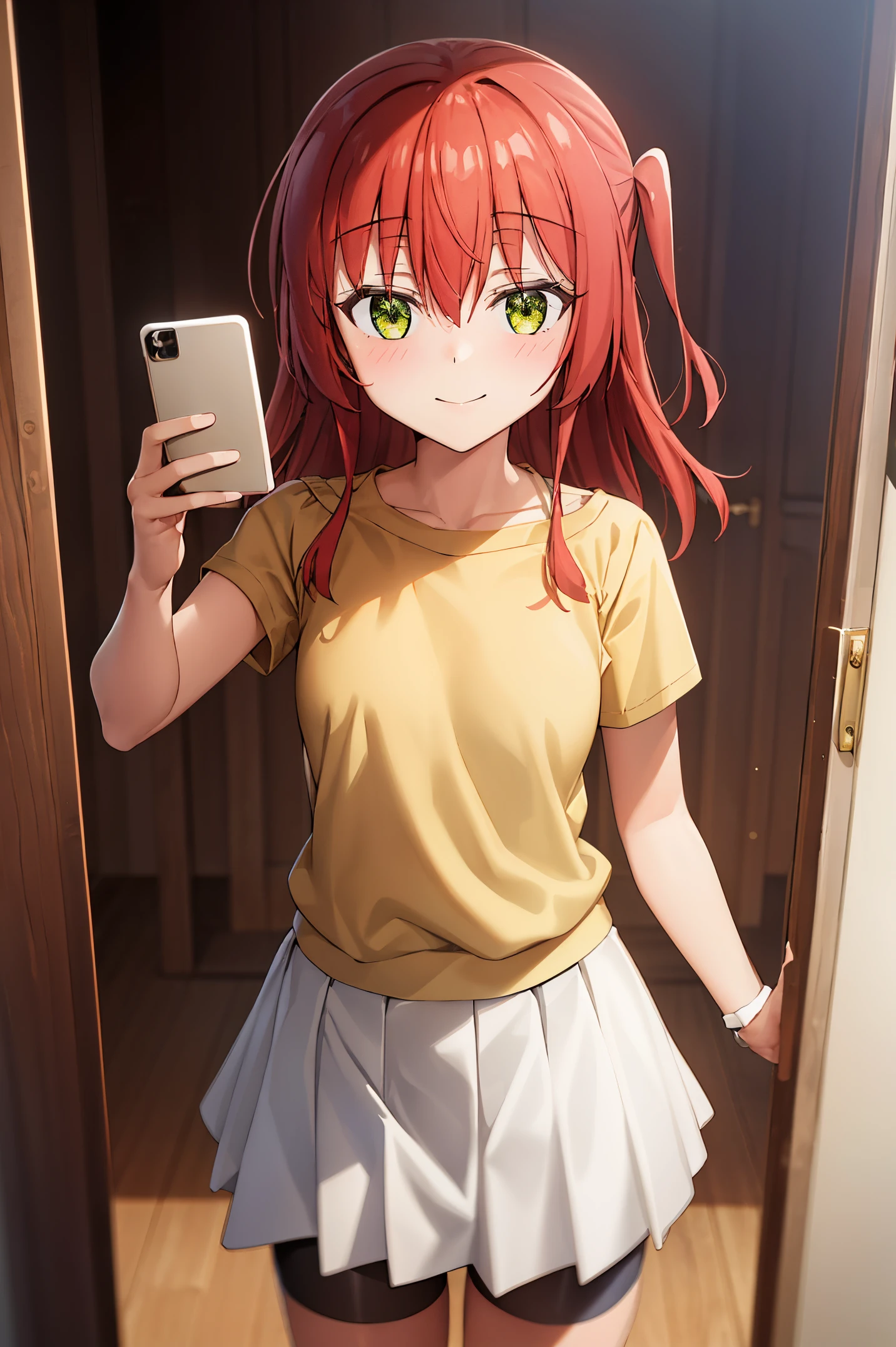 1 girl, best quality, ultra high res, long hair, red hair, green eyes, yellow shirt, short sleeves, white skirt, pleated skirt, miniskirt, bike shorts, bike shorts under skirt, looking at viewers, small breast, standing, pov, slim body, **** body, small body, smile, room, iphone, hold the cell phone