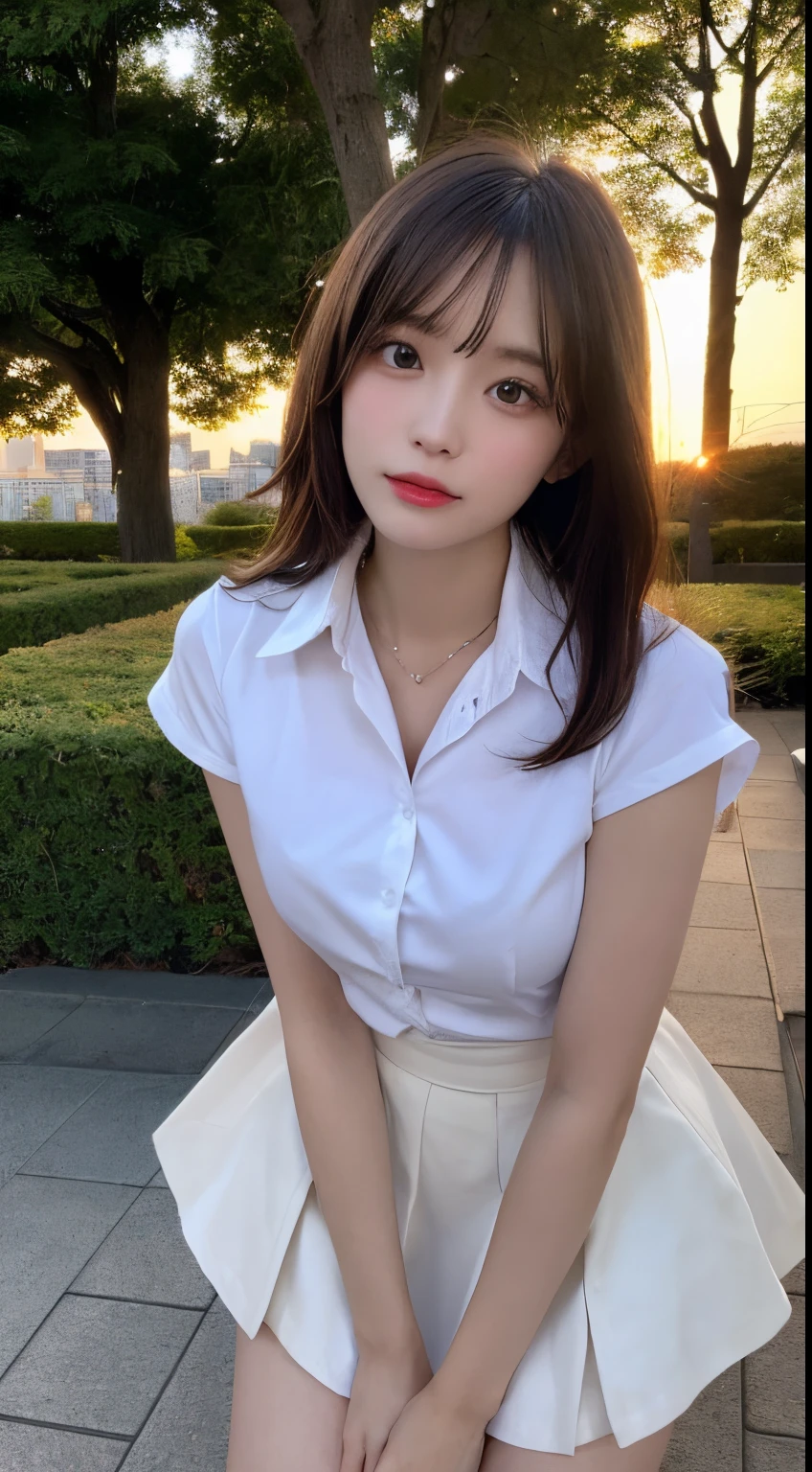 finely detail, hight resolution, hightquality、Perfect dynamic composition, Beautiful detailed eyes, Medium Hair, small tits、Natural Color Lip,Kamimei、Shibuya、20 years girl、1 persons、Transparent skin、Glowing hair、masutepiece, Best Quality, Ultra-detailed, finely detail, hight resolution, 8K、The correct state of the human body、crouching down、Gravure Model Pose,Beautiful sunset,Park Garden,beautiful ilumination,Photographed with hair fluttering in the wind,((White shirt with collar:1.5,a short skirt:1.5,I can see the cleavage))