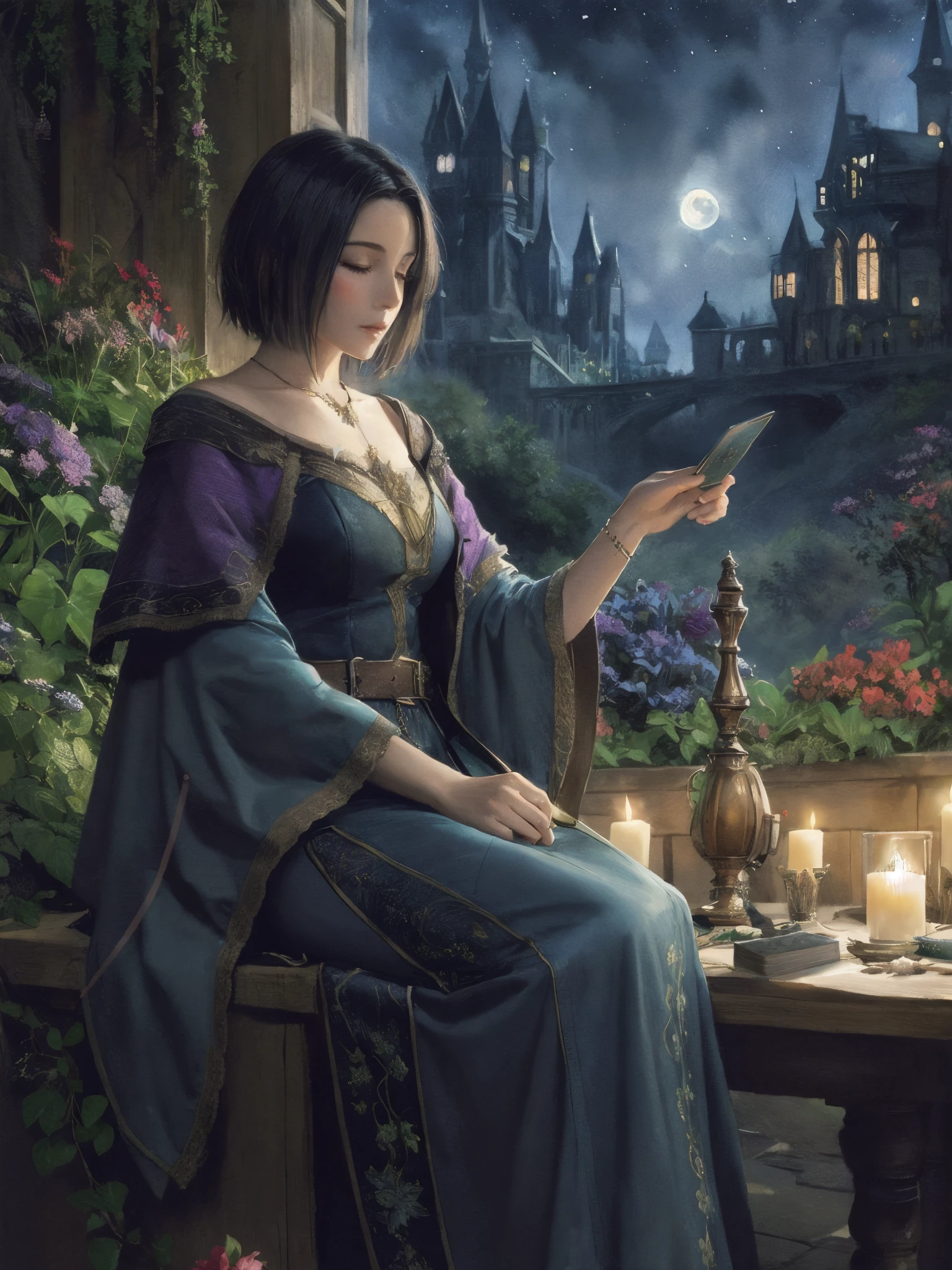 a pretty lady in a medieval dress looking at a card , 1girl, solo, black hair, jewelry, flower, closed eyes, moon, short hair, dress, necklace, sitting, castle, night, candle, breasts,deck on the desk