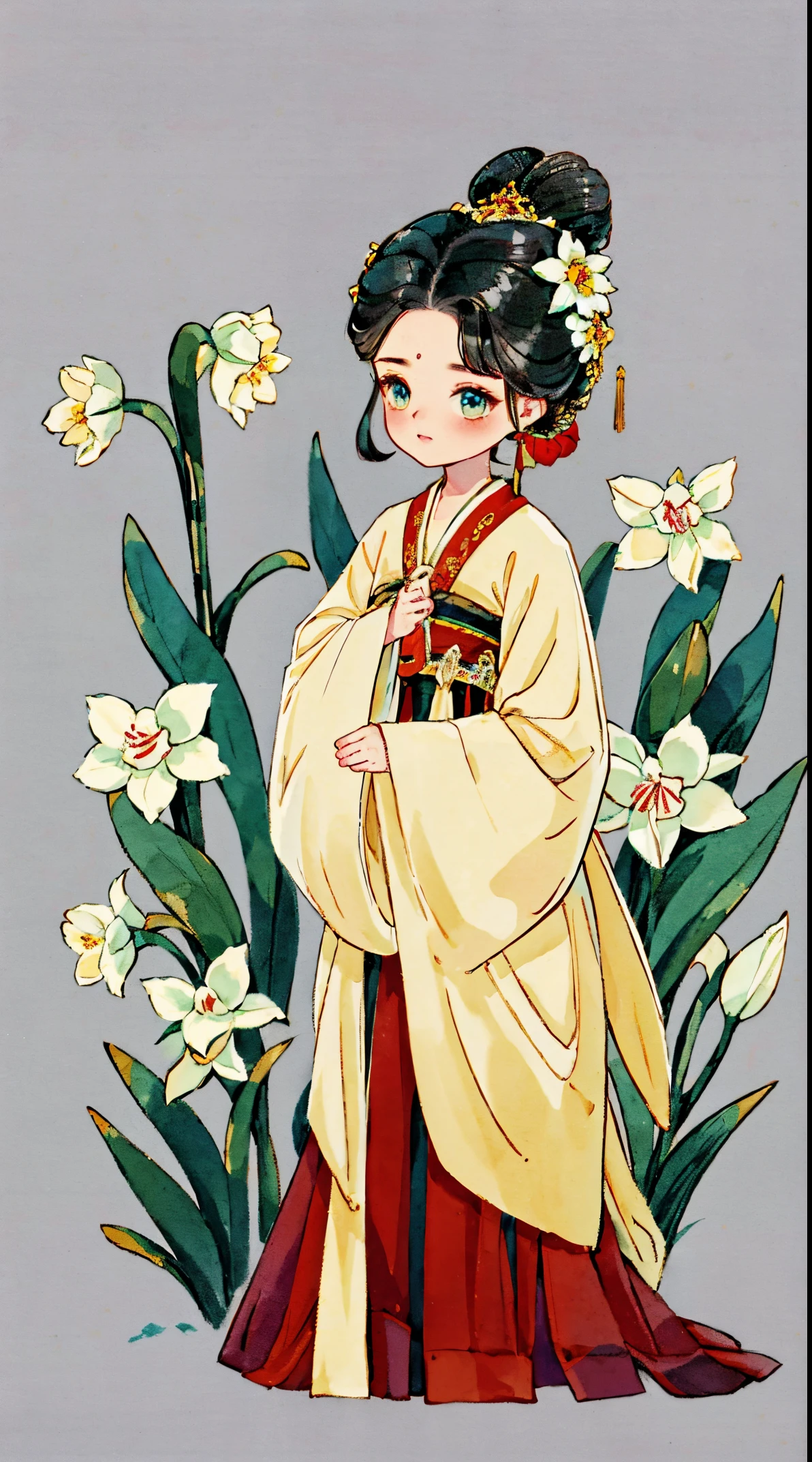 1 Sister, Alone, looking at viewert, face flushed, Background with, black hair color hair, hair adornments, longer sleeves, white backgrounid, everlasting, Full body lesbian, Hanfu ,daffodil, flowers blooming, hairflower, hair-bun, butterflys, tmasterpiece, recent quality, The finest details, Clear facial features, beautidful eyes