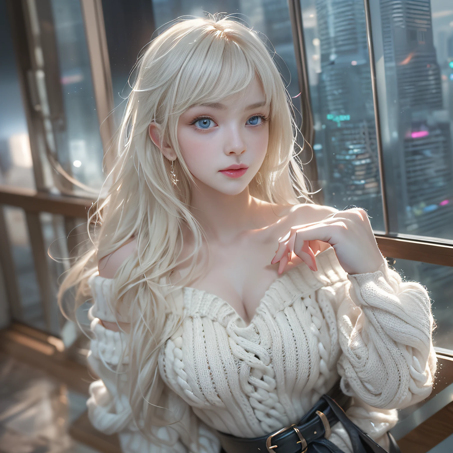 ((girl standing on the stairs in the office)),bright expression、Young shiny shiny white shiny skin、Best Look Rondo Reflective Light、Platinum blonde hair with dazzling highlights、shiny light hair,、Super long silky straight hair、Beautiful bangs that shine、Glowing crystal clear attractive big blue eyes、Very beautiful nice cute girl、Lush bust,Beautiful detailed eyes, beautiful detailed nose,(( Full Body Angle:1.5)),Makeup that the eyes emphasize、Royal style,Comic style, , Sub-surface scattering, ornate detail, nature backdrop, Supergianthugebreasts, ((Cinematic)), Dramatic Lighting, masutepiece、((Off-the-shoulder white hand-knitted sweater:1.4))、((Black Leather Mini Skirt)), ((Black Leather High Heel Boots))、(White lace panties are visible)、1 girl in、Ultra realistic 8K CG, Picture-perfect face, flawless, clean, masutepiece, Professional artwork, famousartwork, Perfect face, Beautiful face, Beautiful eyes, ((Perfect female body)), Solo,(Immersive atmosphere, Chiaroscuro:1.5,Bright light:1.2,Luminous lighting),(blush:0.5),fascinated expression,Extremely detailed_Eyes,thick thighs,Large,beautifullydetailedbackground,depth of fields,Realistic:1.3, , (ambient lights:1.3),(Cinematic composition:1.3),(Neon light:0.1),(nffsw:0.1),((Outside the window, Hazy skyscrapers))