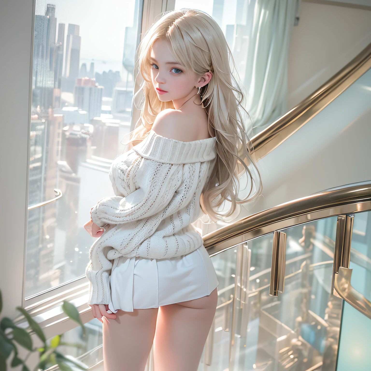 ((girl standing on the stairs in the office)),bright expression、Young shiny shiny white shiny skin、Best Look Rondo Reflective Light、Platinum blonde hair with dazzling highlights、shiny light hair,、Super long silky straight hair、Beautiful bangs that shine、Glowing crystal clear attractive big blue eyes、Very beautiful nice cute 16 year old girl、Lush bust,Beautiful detailed eyes, beautiful detailed nose,(( Full Body Angle:1.5)),Makeup that the eyes emphasize、Royal style，Comic style, , Sub-surface scattering, ornate detail, nature backdrop, Supergianthugebreasts, ((Cinematic)), Dramatic Lighting, masutepiece、((Off-the-shoulder white hand-knitted sweater:1.4))、((Black Leather Mini Skirt)), ((Black Leather High Heel Boots)）、(White lace panties are visible)、1 girl in、Ultra realistic 8K CG, Picture-perfect face, flawless, clean, masutepiece, Professional artwork, famousartwork, Perfect face, Beautiful face, Beautiful eyes, ((Perfect female body)), Solo,(Immersive atmosphere, Chiaroscuro:1.5,Bright light:1.2,Luminous lighting),(blush:0.5),fascinated expression,Extremely detailed_Eyes,thick thighs,Large,beautifullydetailedbackground,depth of fields,Realistic:1.3, , (ambient lights:1.3),(Cinematic composition:1.3),(Neon light:0.1),(nffsw:0.1),((Outside the window, Hazy skyscrapers))