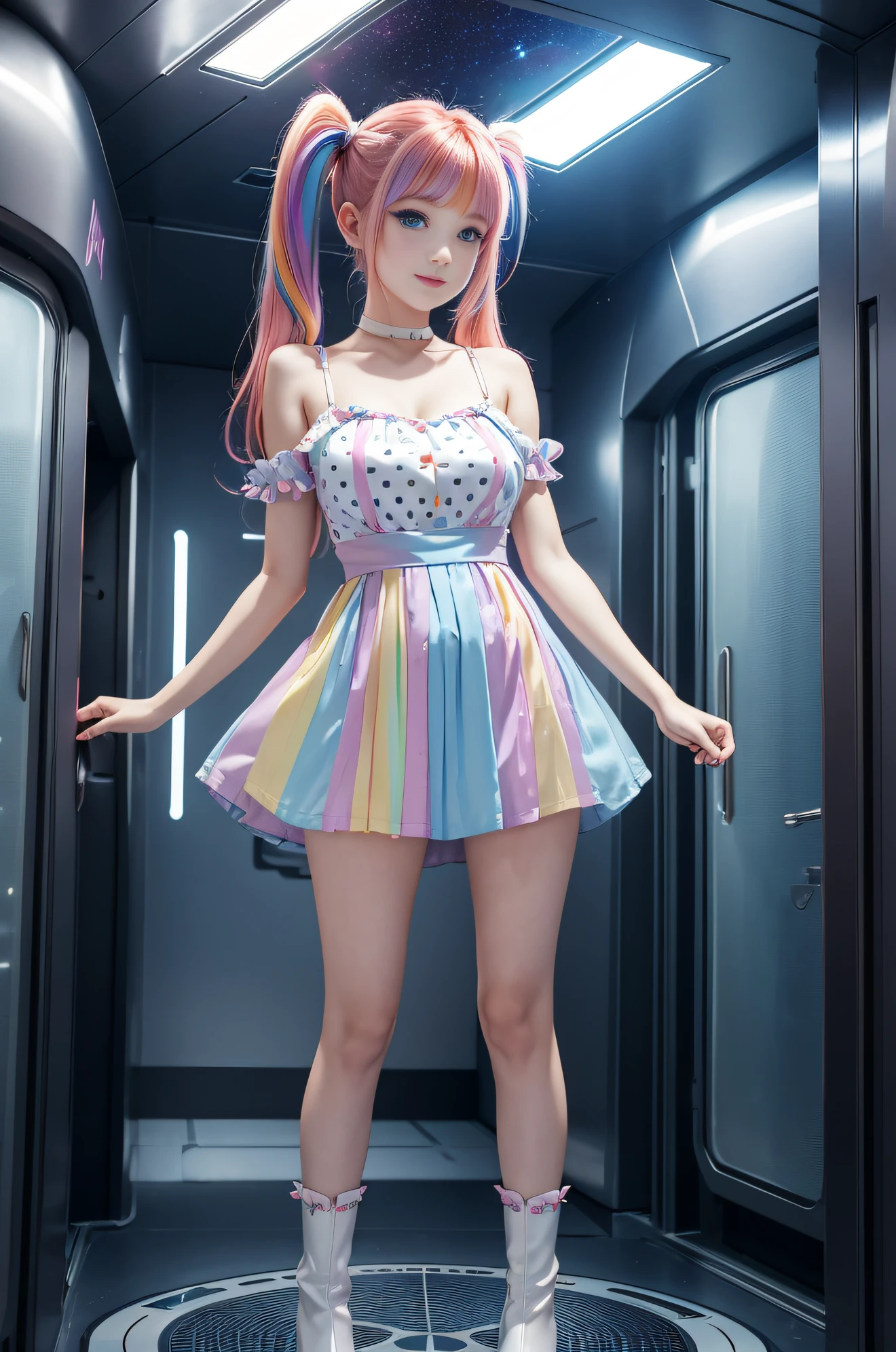 Cute redhead, gravure Idol, with rainbow colored hair tips, ribbons in her hair, 18-year-old woman, happy, in twin tails, perfect symmetrical eyes, clear sparkling blue eyes, pale skin, silky smooth skin, standing on a fancy luxurious space ship, large futuristic corridor, control panels, wood trim, decorative plants, warm lighting, wearing a futuristic party dress, pleated (chemise) mini dress (pastel rainbow colors, and polka dots), wearing full body pantyhose, cute short cut booties.
