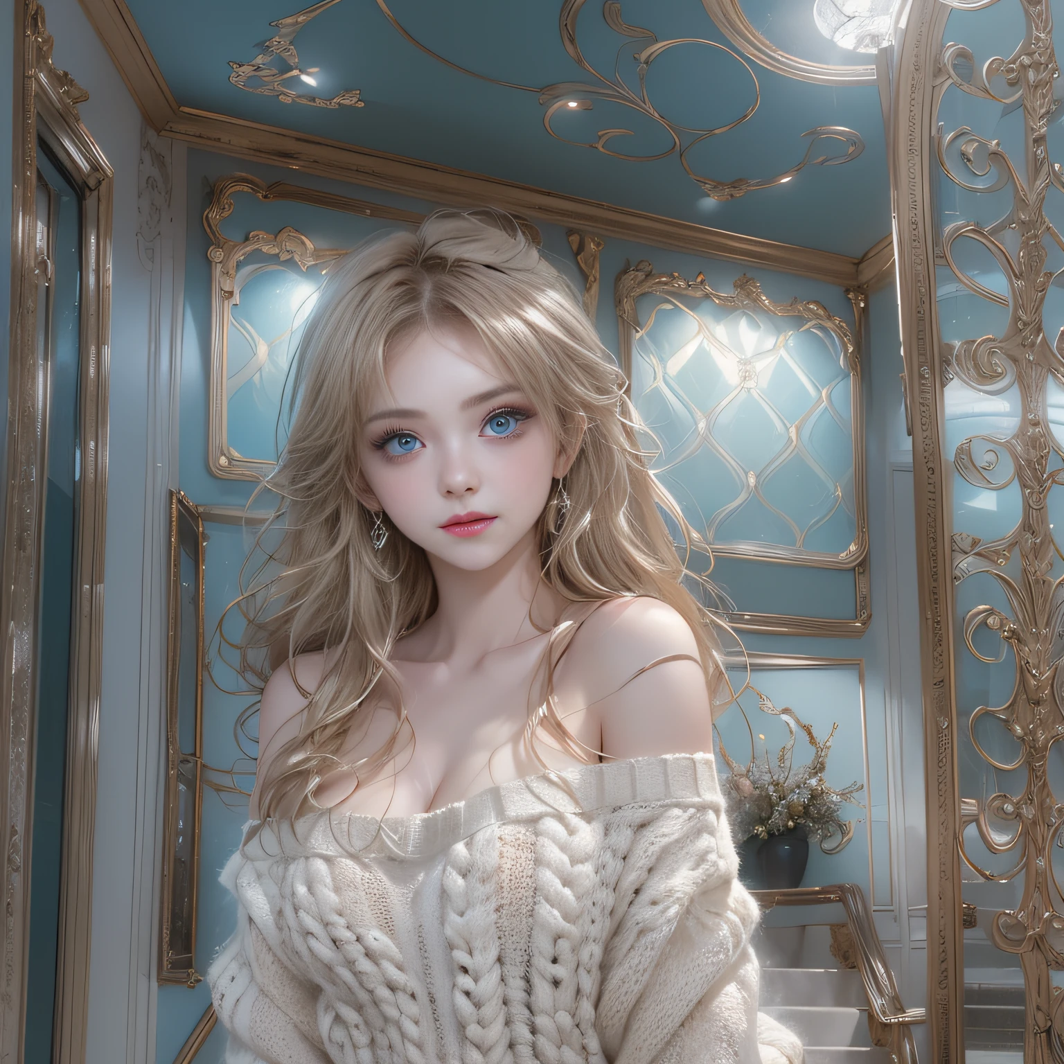 ((girl standing on the stairs in the office)),bright expression、Young shiny shiny white shiny skin、Best Look Rondo Reflective Light、Platinum blonde hair with dazzling highlights、shiny light hair,、Super long silky straight hair、Beautiful bangs that shine、Glowing crystal clear attractive big blue eyes、Very beautiful nice cute 16 year old girl、Lush bust,Beautiful detailed eyes, beautiful detailed nose,(( Full Body Angle:1.5)),Makeup that the eyes emphasize、Royal style，Comic style, , Sub-surface scattering, ornate detail, nature backdrop, Supergianthugebreasts, ((Cinematic)), Dramatic Lighting, masutepiece、((Off-the-shoulder white hand-knitted sweater:1.4))、((Black Leather Mini Skirt)), ((Black Leather High Heel Boots)）、(White lace panties are visible)、1 girl in、Ultra realistic 8K CG, Picture-perfect face, flawless, clean, masutepiece, Professional artwork, famousartwork, Perfect face, Beautiful face, Beautiful eyes, ((Perfect female body)), Solo,(Immersive atmosphere, Chiaroscuro:1.5,Bright light:1.2,Luminous lighting),(blush:0.5),fascinated expression,Extremely detailed_Eyes,thick thighs,Large,beautifullydetailedbackground,depth of fields,Realistic:1.3, , (ambient lights:1.3),(Cinematic composition:1.3),(Neon light:0.1),(nffsw:0.1),((Outside the window, Hazy skyscrapers))