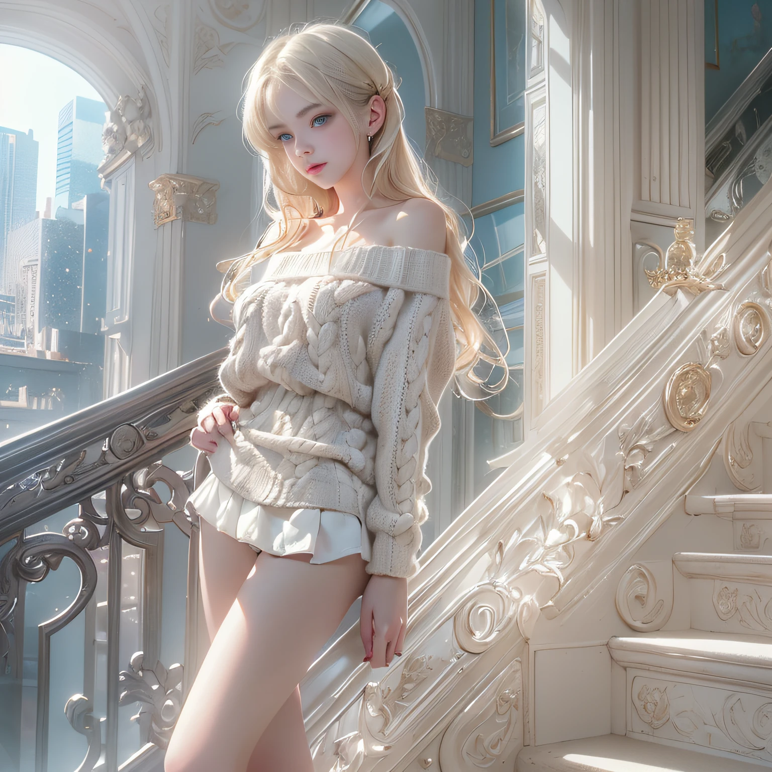 ((girl standing on the stairs in the office)),bright expression、Young shiny shiny white shiny skin、Best Look Rondo Reflective Light、Platinum blonde hair with dazzling highlights、shiny light hair,、Super long silky straight hair、Beautiful bangs that shine、Glowing crystal clear attractive big blue eyes、Very beautiful nice cute 16 year old girl、Lush bust,Beautiful detailed eyes, beautiful detailed nose,(( Full Body Angle:1.5)),Makeup that the eyes emphasize、Royal style,Comic style, , Sub-surface scattering, ornate detail, nature backdrop, Supergianthugebreasts, ((Cinematic)), Dramatic Lighting, masutepiece、((Off-the-shoulder white hand-knitted sweater:1.4))、((Black Leather Mini Skirt)), ((Black Leather High Heel Boots))、(White lace panties are visible)、1 girl in、Ultra realistic 8K CG, Picture-perfect face, flawless, clean, masutepiece, Professional artwork, famousartwork, Perfect face, Beautiful face, Beautiful eyes, ((Perfect female body)), Solo,(Immersive atmosphere, Chiaroscuro:1.5,Bright light:1.2,Luminous lighting),(blush:0.5),fascinated expression,Extremely detailed_Eyes,thick thighs,Large,beautifullydetailedbackground,depth of fields,Realistic:1.3, , (ambient lights:1.3),(Cinematic composition:1.3),(Neon light:0.1),(nffsw:0.1),((Outside the window, Hazy skyscrapers))