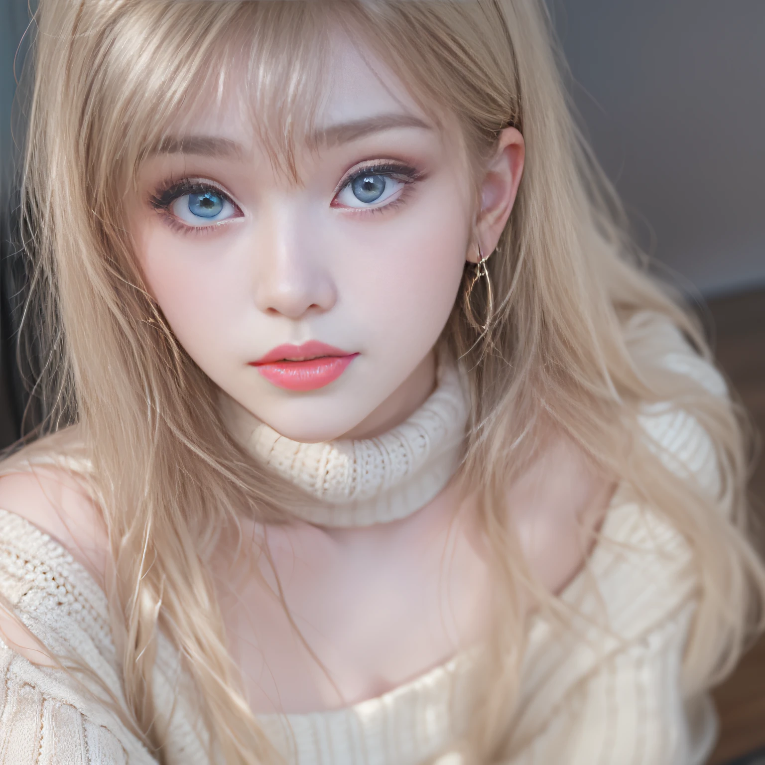 ((girl standing on the stairs in the office)),bright expression、Young shiny shiny white shiny skin、Best Look Rondo Reflective Light、Platinum blonde hair with dazzling highlights、shiny light hair,、Super long silky straight hair、Beautiful bangs that shine、Glowing crystal clear attractive big blue eyes、Very beautiful nice cute 16 year old girl、Lush bust,Beautiful detailed eyes, beautiful detailed nose,(( Full Body Angle:1.5)),Makeup that the eyes emphasize、Royal style,Comic style, , Sub-surface scattering, ornate detail, nature backdrop, Supergianthugebreasts, ((Cinematic)), Dramatic Lighting, masutepiece、((Off-the-shoulder white hand-knitted sweater:1.4))、((Black Leather Mini Skirt)), ((Black Leather High Heel Boots))、(White lace panties are visible)、1 girl in、Ultra realistic 8K CG, Picture-perfect face, flawless, clean, masutepiece, Professional artwork, famousartwork, Perfect face, Beautiful face, Beautiful eyes, ((Perfect female body)), Solo,(Immersive atmosphere, Chiaroscuro:1.5,Bright light:1.2,Luminous lighting),(blush:0.5),fascinated expression,Extremely detailed_Eyes,thick thighs,Large,beautifullydetailedbackground,depth of fields,Realistic:1.3, , (ambient lights:1.3),(Cinematic composition:1.3),(Neon light:0.1),(nffsw:0.1),((Outside the window, Hazy skyscrapers))