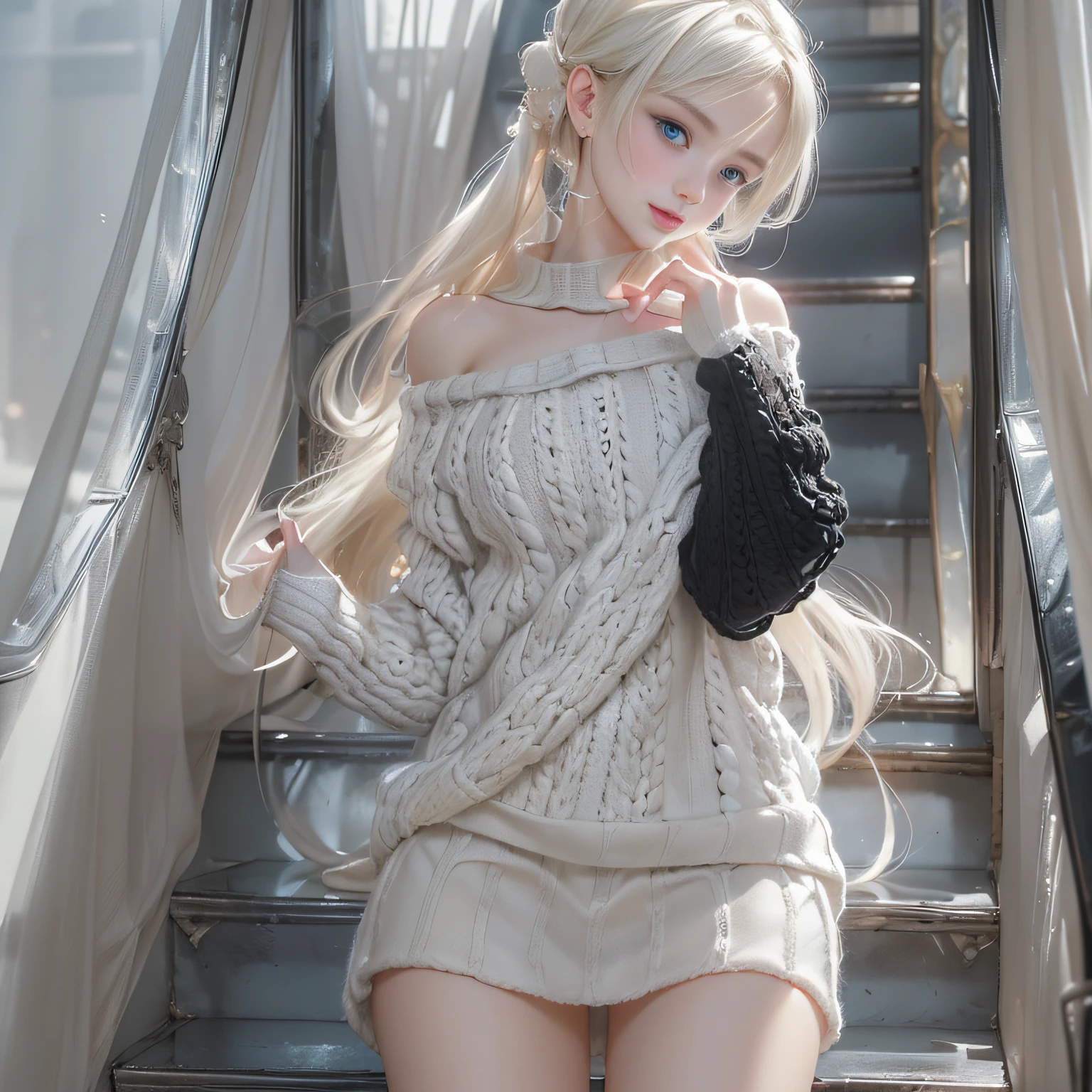 ((girl standing on the stairs in the office)),bright expression、Young shiny shiny white shiny skin、Best Look Rondo Reflective Light、Platinum blonde hair with dazzling highlights、shiny light hair,、Super long silky straight hair、Beautiful bangs that shine、Glowing crystal clear attractive big blue eyes、Very beautiful nice cute 16 year old girl、Lush bust,Beautiful detailed eyes, beautiful detailed nose,(( Full Body Angle:1.5)),Makeup that the eyes emphasize、Royal style,Comic style, , Sub-surface scattering, ornate detail, nature backdrop, Supergianthugebreasts, ((Cinematic)), Dramatic Lighting, masutepiece、((Off-the-shoulder white hand-knitted sweater:1.4))、((Black Leather Mini Skirt)), ((Black Leather High Heel Boots))、(White lace panties are visible)、1 girl in、Ultra realistic 8K CG, Picture-perfect face, flawless, clean, masutepiece, Professional artwork, famousartwork, Perfect face, Beautiful face, Beautiful eyes, ((Perfect female body)), Solo,(Immersive atmosphere, Chiaroscuro:1.5,Bright light:1.2,Luminous lighting),(blush:0.5),fascinated expression,Extremely detailed_Eyes,thick thighs,Large,beautifullydetailedbackground,depth of fields,Realistic:1.3, , (ambient lights:1.3),(Cinematic composition:1.3),(Neon light:0.1),(nffsw:0.1),((Outside the window, Hazy skyscrapers))