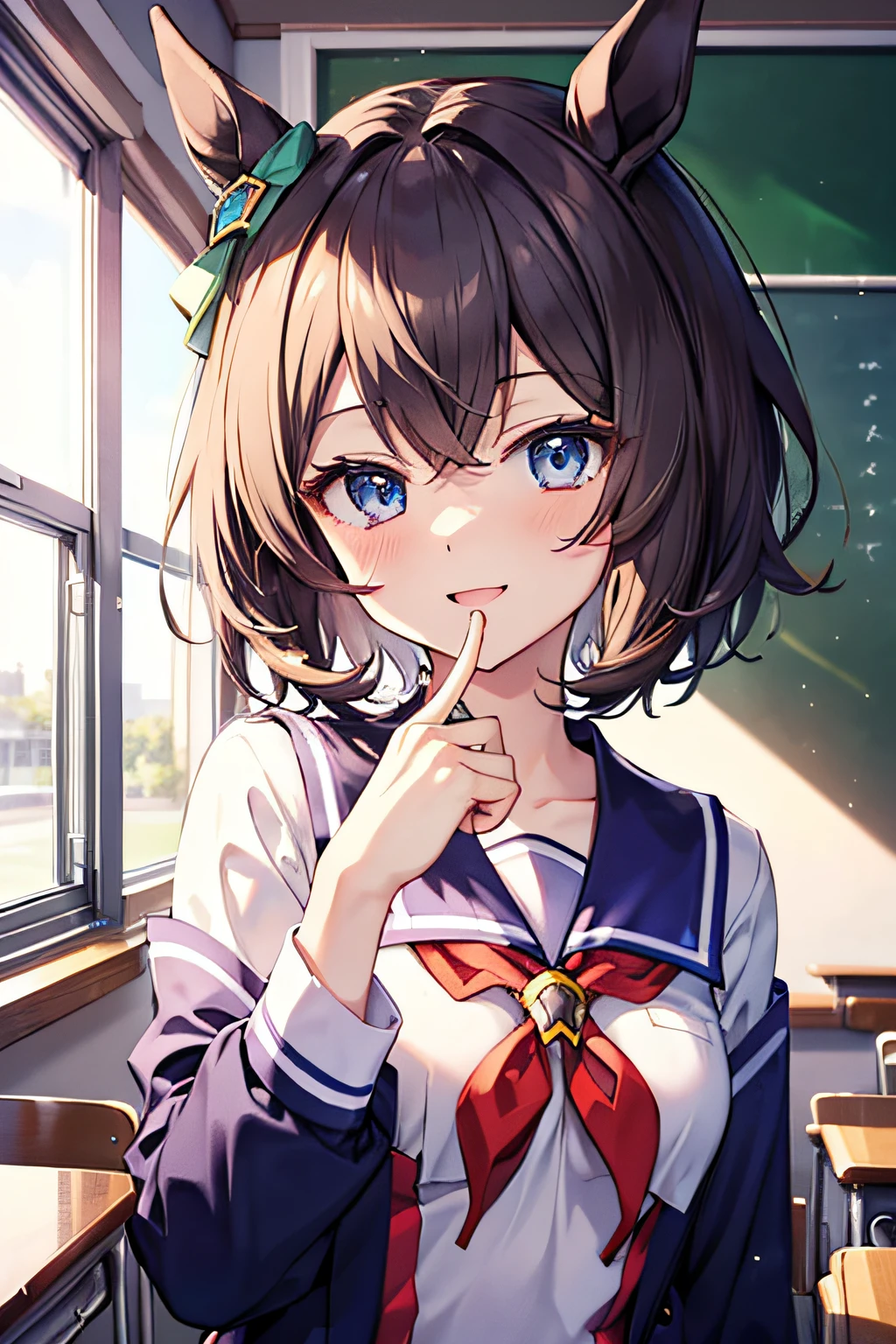 (Seiun Sky \(Umamusume\)),(masutepiece),Illustration,Short hair,Blue eyes, tiny chest, School uniform, Smile, closes mouth, crass room, Upper body, Looking at Viewer, School