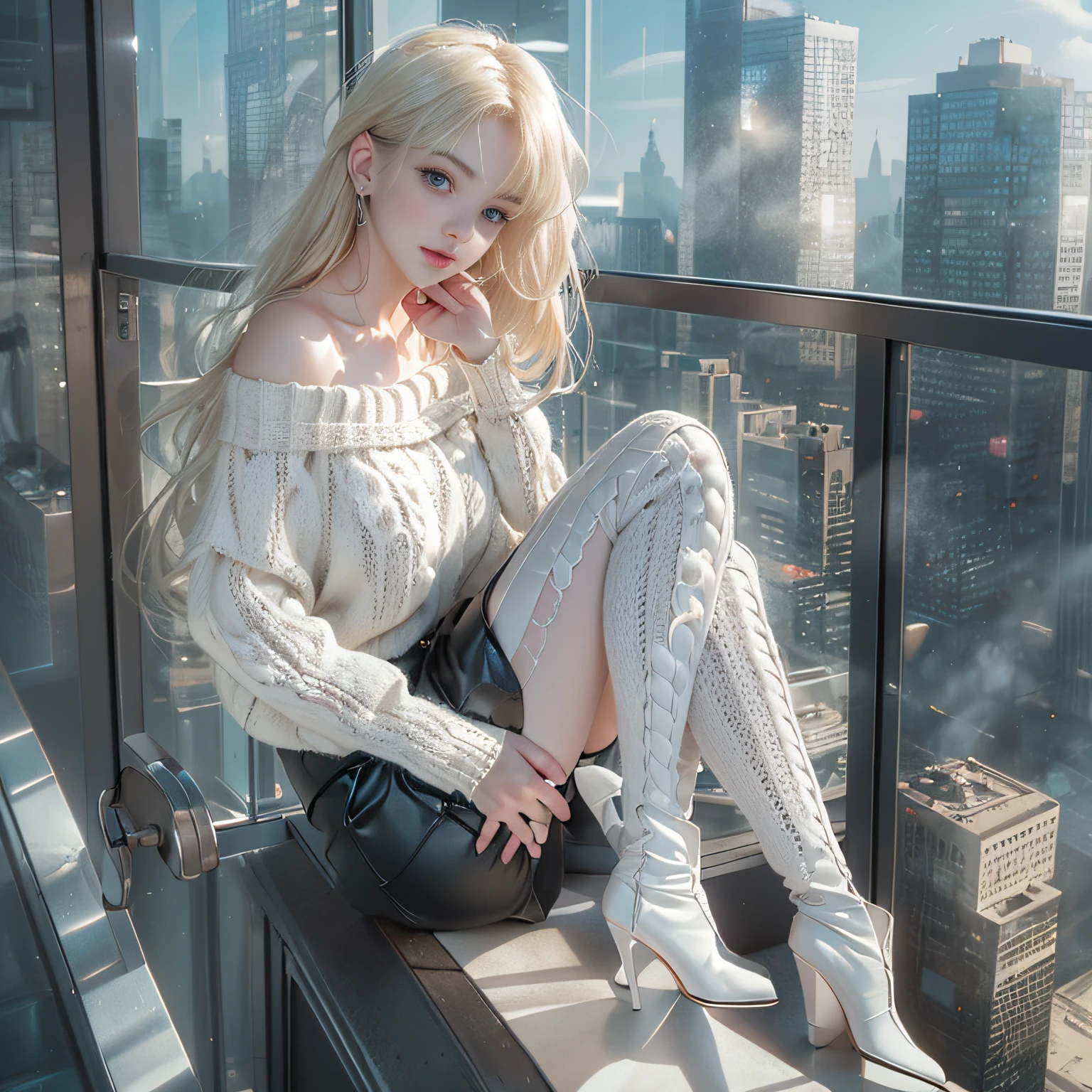 ((girl standing on the stairs in the office)),((posterior view))、((Looks Back))、、bright expression、Young shiny shiny white shiny skin、Best Look Rondo Reflective Light、Platinum blonde hair with dazzling highlights、shiny light hair,、Super long silky straight hair、Beautiful bangs that shine、Glowing crystal clear attractive big blue eyes、Very beautiful nice cute  girl、Lush bust,Beautiful detailed eyes, beautiful detailed nose,(( Full Body Angle:1.5)),Makeup that the eyes emphasize、Royal style，Comic style, , Sub-surface scattering, ornate detail,  ((Cinematic)), Dramatic Lighting、((Off-the-shoulder white hand-knitted sweater:1.4))、((Black Leather Tight Mini Skirt)), ((Black Leather High Heel Boots)）、(White lace panties are visible)、1 girl in、Ultra realistic 8K CG, Picture-perfect face, flawless, clean, masutepiece, Professional artwork, famousartwork, Perfect face, Beautiful face, Beautiful eyes, ((Perfect female body)), Solo,(Immersive atmosphere, Chiaroscuro:1.5,Bright light:1.2,Luminous lighting),(blush:0.5),fascinated expression,Extremely detailed_Eyes,thick thighs,Large,beautifullydetailedbackground,depth of fields,Realistic:1.3, , (ambient lights:1.3),(Cinematic composition:1.3),(Neon light:0.1),(nffsw:0.1),((Outside the window, Hazy skyscrapers))