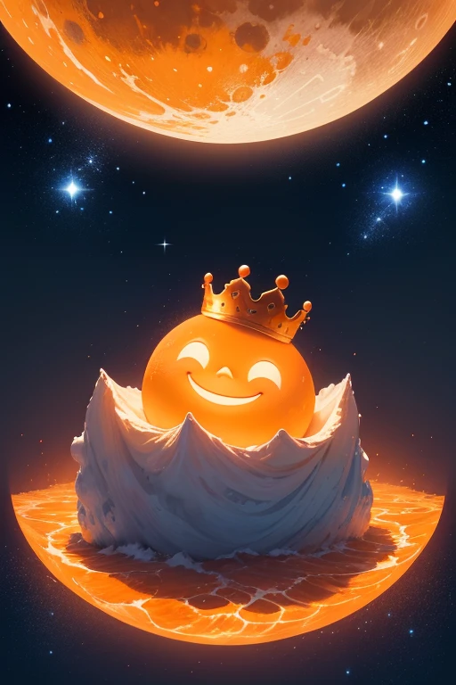 a painting of a smiling orange with a crown on top of it, a storybook illustration, by Maeda Masao, featured on reddit, in the moon, star shining in space, 2 5 6 x 2 5 6 pixels, orange and blue color scheme