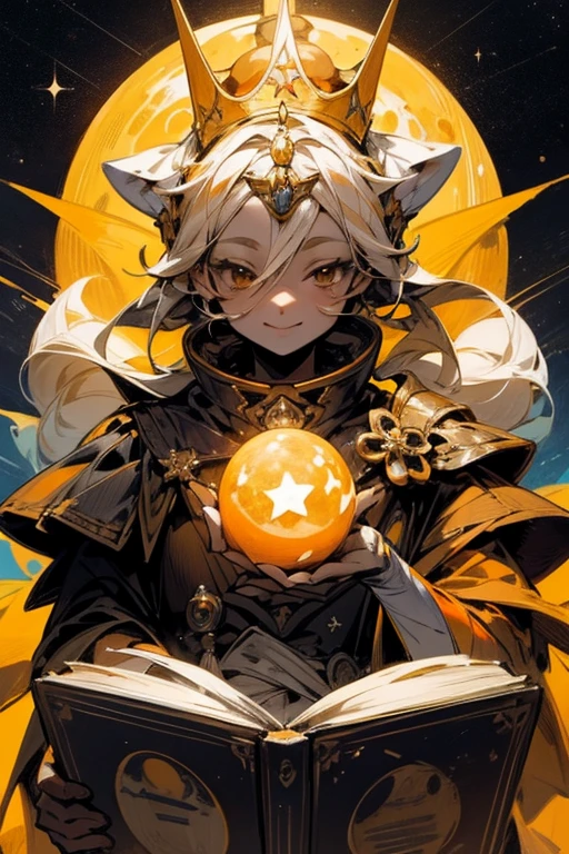 a painting of a smiling orange with a crown on top of it, a storybook illustration, by Maeda Masao, featured on reddit, in the moon, star shining in space, 2 5 6 x 2 5 6 pixels, orange and blue color scheme
