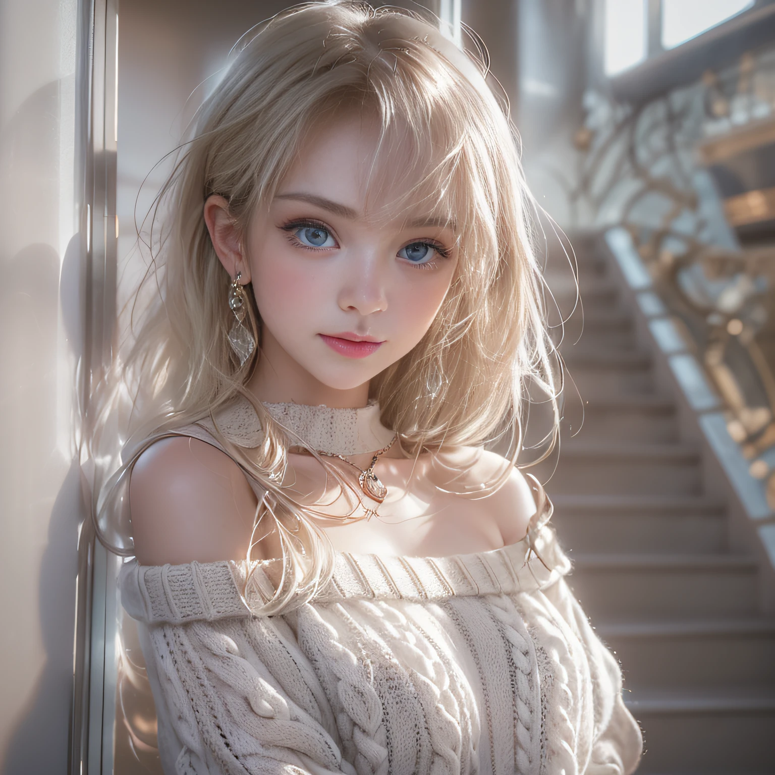 ((girl standing on the stairs in the office)),bright expression、Young shiny shiny white shiny skin、Best Look Rondo Reflective Light、Platinum blonde hair with dazzling highlights、shiny light hair,、Super long silky straight hair、Beautiful bangs that shine、Glowing crystal clear attractive big blue eyes、Very beautiful nice cute 16 year old girl、Lush bust,Beautiful detailed eyes, beautiful detailed nose,(( Full Body Angle:1.5)),Makeup that the eyes emphasize、Royal style,Comic style, , Sub-surface scattering, ornate detail, nature backdrop, Supergianthugebreasts, ((Cinematic)), Dramatic Lighting, masutepiece、((Off-the-shoulder white hand-knitted sweater:1.4))、((Black Leather Mini Skirt)), ((Black Leather High Heel Boots))、(White lace panties are visible)、1 girl in、Ultra realistic 8K CG, Picture-perfect face, flawless, clean, masutepiece, Professional artwork, famousartwork, Perfect face, Beautiful face, Beautiful eyes, ((Perfect female body)), Solo,(Immersive atmosphere, Chiaroscuro:1.5,Bright light:1.2,Luminous lighting),(blush:0.5),fascinated expression,Extremely detailed_Eyes,thick thighs,Large,beautifullydetailedbackground,depth of fields,Realistic:1.3, , (ambient lights:1.3),(Cinematic composition:1.3),(Neon light:0.1),(nffsw:0.1),((Outside the window, Hazy skyscrapers))