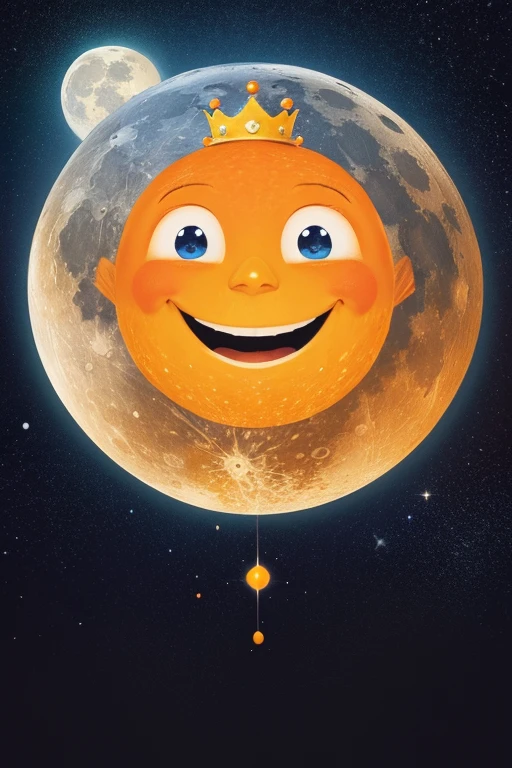 a painting of a smiling orange with a crown on top of it, a storybook illustration, by Maeda Masao, featured on reddit, in the moon, star shining in space, 2 5 6 x 2 5 6 pixels, orange and blue color scheme