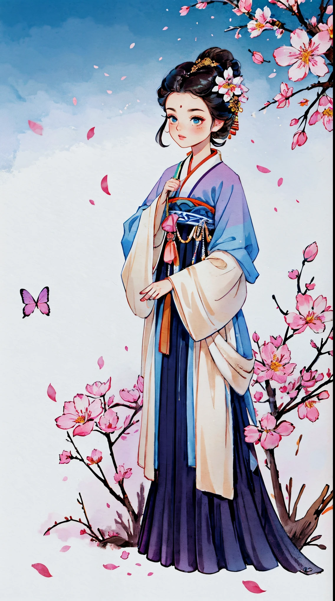 1 Sister, Alone, looking at viewert, face flushed, Background with, black hair color hair, hair adornments, longer sleeves, white backgrounid, Eternal, Full body lesbian, Hanfu, Sakura NS, flowers blooming, hairflower, hair-bun, butterflys, tmasterpiece, recent quality, The finest details, Clear facial features, beautidful eyes