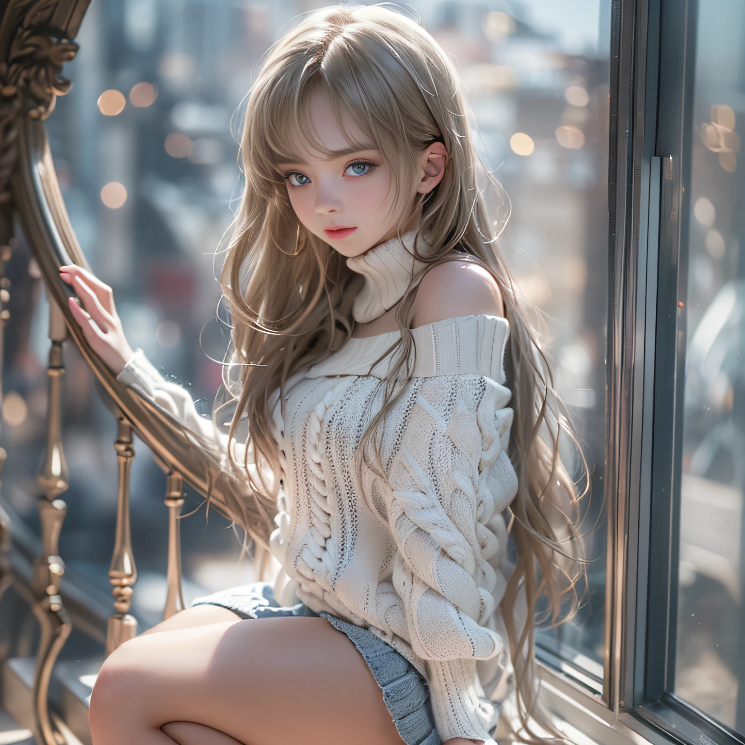 ((girl standing on the stairs in the office)),bright expression、Young shiny shiny white shiny skin、Best Look Rondo Reflective Light、Platinum blonde hair with dazzling highlights、shiny light hair,、Super long silky straight hair、Beautiful bangs that shine、Glowing crystal clear attractive big blue eyes、Very beautiful nice cute 16 year old girl、Lush bust,Beautiful detailed eyes, beautiful detailed nose,(( Full Body Angle:1.5)),Makeup that the eyes emphasize、Royal style,Comic style, , Sub-surface scattering, ornate detail, nature backdrop, Supergianthugebreasts, ((Cinematic)), Dramatic Lighting, masutepiece、((Off-the-shoulder white hand-knitted sweater:1.4))、((Black Leather Mini Skirt)), ((Black Leather High Heel Boots))、(White lace panties are visible)、1 girl in、Ultra realistic 8K CG, Picture-perfect face, flawless, clean, masutepiece, Professional artwork, famousartwork, Perfect face, Beautiful face, Beautiful eyes, ((Perfect female body)), Solo,(Immersive atmosphere, Chiaroscuro:1.5,Bright light:1.2,Luminous lighting),(blush:0.5),fascinated expression,Extremely detailed_Eyes,thick thighs,Large,beautifullydetailedbackground,depth of fields,Realistic:1.3, , (ambient lights:1.3),(Cinematic composition:1.3),(Neon light:0.1),(nffsw:0.1),((Outside the window, Hazy skyscrapers))