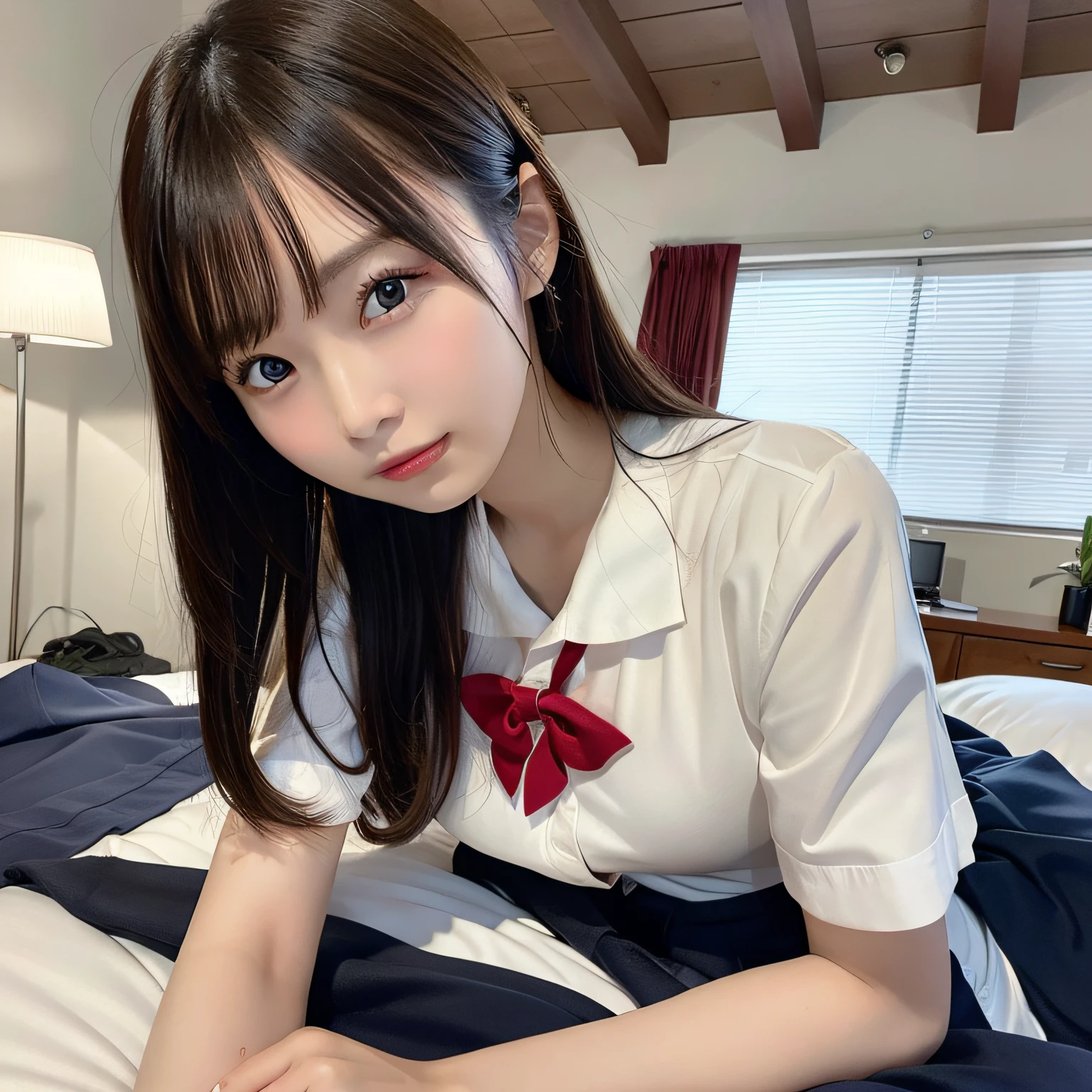 (in 8K、Raw photography, top-quality, hight resolution:1.2)、(realisitic、photoRealstic:1.5)、1 girl、((18 years old))、Japanese, Solo, Beautiful woman lying in bed sleeping, Back, camera, ((School Uniforms)), Detailed body, Cute and very detailed eyes, Cherry-heart-shaped lips, the chest is covered with cloth, ((room at night)), dark ilumination
