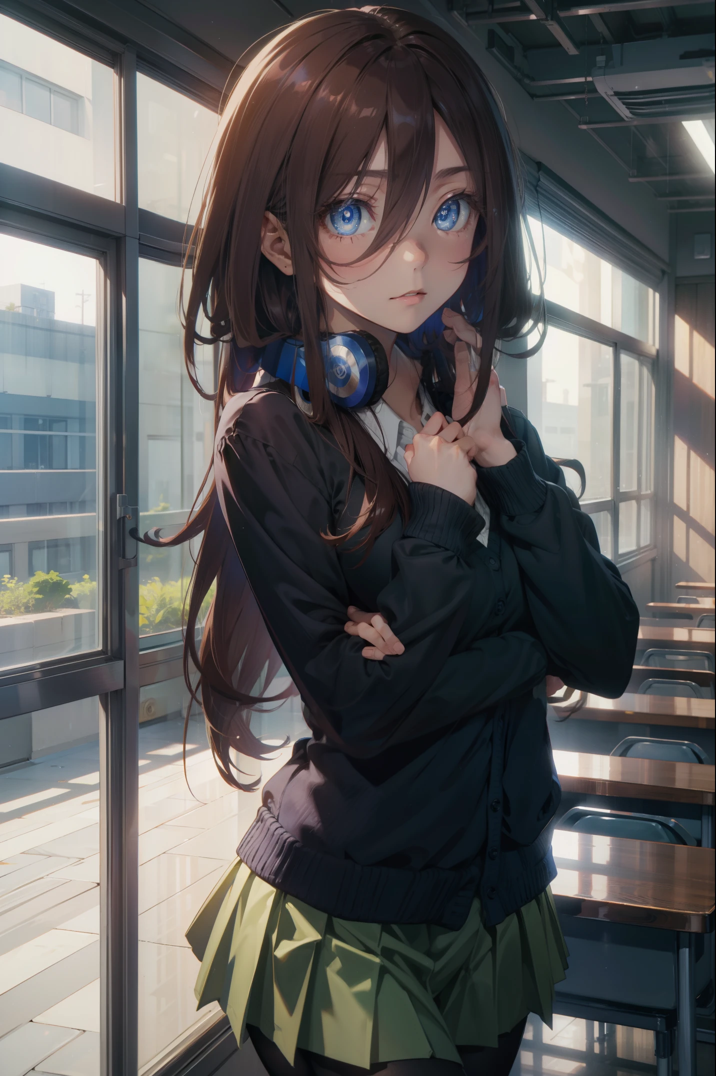 mikunakano, miku nakano, long hair, bangs, blue eyes, brown hair, shirt, hair between eyes, headphones, cardigan, headphones around neck,
BREAK skirt, shirt, long sleeves, white shirt, pantyhose, pleated skirt, black pantyhose, cardigan, green skirt, blue cardigan,
BREAK indoors, classroom,
BREAK looking at viewer, BREAK (masterpiece:1.2), best quality, high resolution, unity 8k wallpaper, (illustration:0.8), (beautiful detailed eyes:1.6), extremely detailed face, perfect lighting, extremely detailed CG, (perfect hands, perfect anatomy),