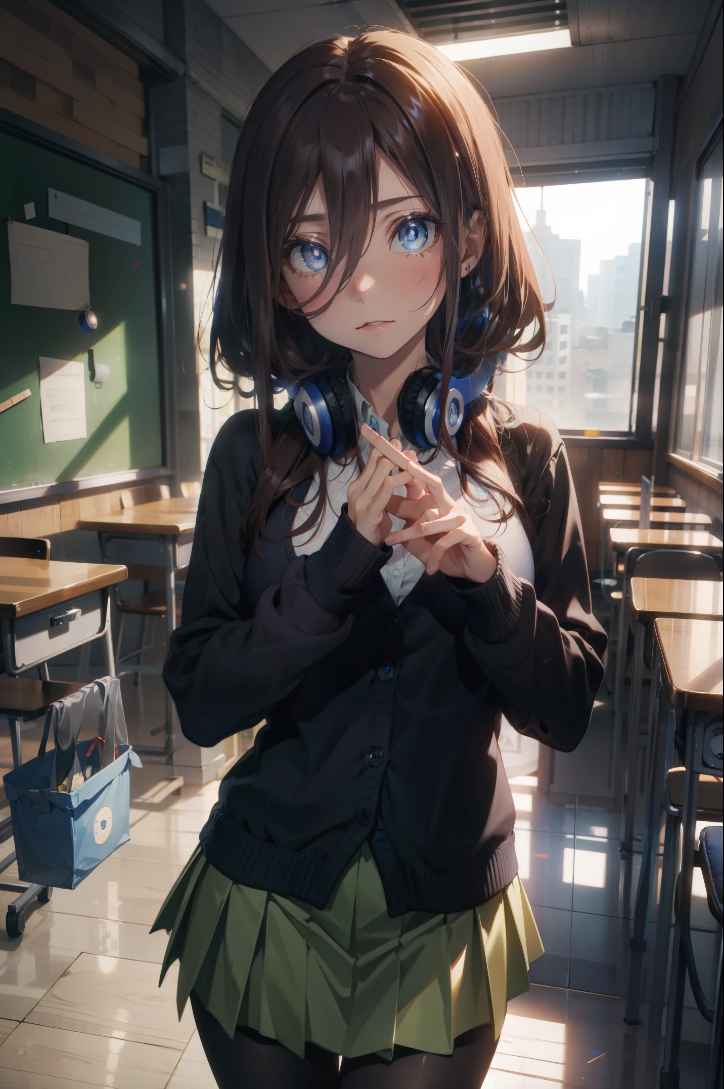mikunakano, miku nakano, long hair, bangs, blue eyes, brown hair, shirt, hair between eyes, headphones, cardigan, headphones around neck,
BREAK skirt, shirt, long sleeves, white shirt, pantyhose, pleated skirt, black pantyhose, cardigan, green skirt, blue cardigan,
BREAK indoors, classroom,
BREAK looking at viewer, BREAK (masterpiece:1.2), best quality, high resolution, unity 8k wallpaper, (illustration:0.8), (beautiful detailed eyes:1.6), extremely detailed face, perfect lighting, extremely detailed CG, (perfect hands, perfect anatomy),