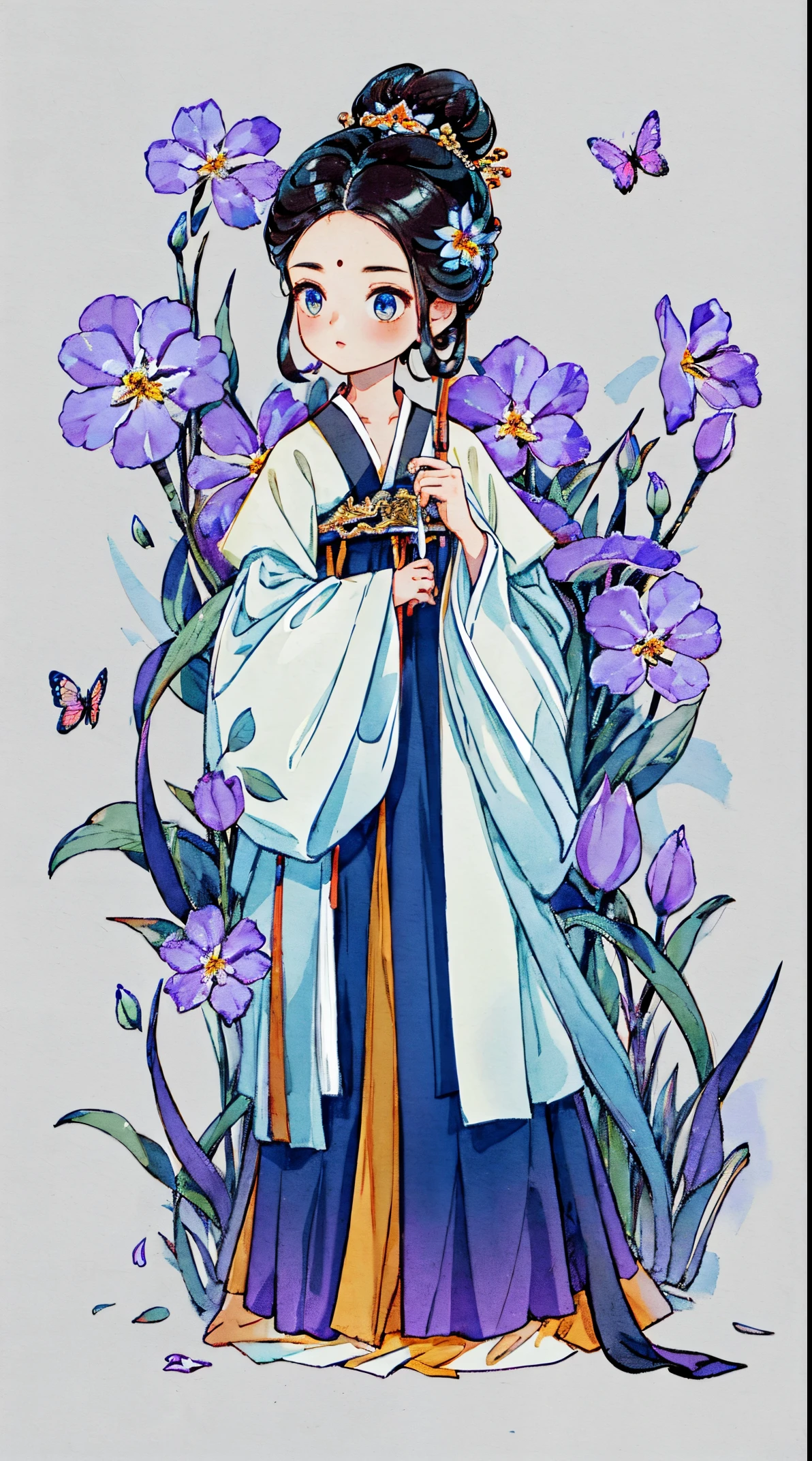 1 Sister, Alone, looking at viewert, face flushed, Background with, black hair color hair, hair adornments, longer sleeves, white backgrounid, everlasting, Full body lesbian, green color, flowers blooming, hairflower, hair-bun, butterflys, tmasterpiece, recent quality, The finest details, Clear facial features, beautidful eyes